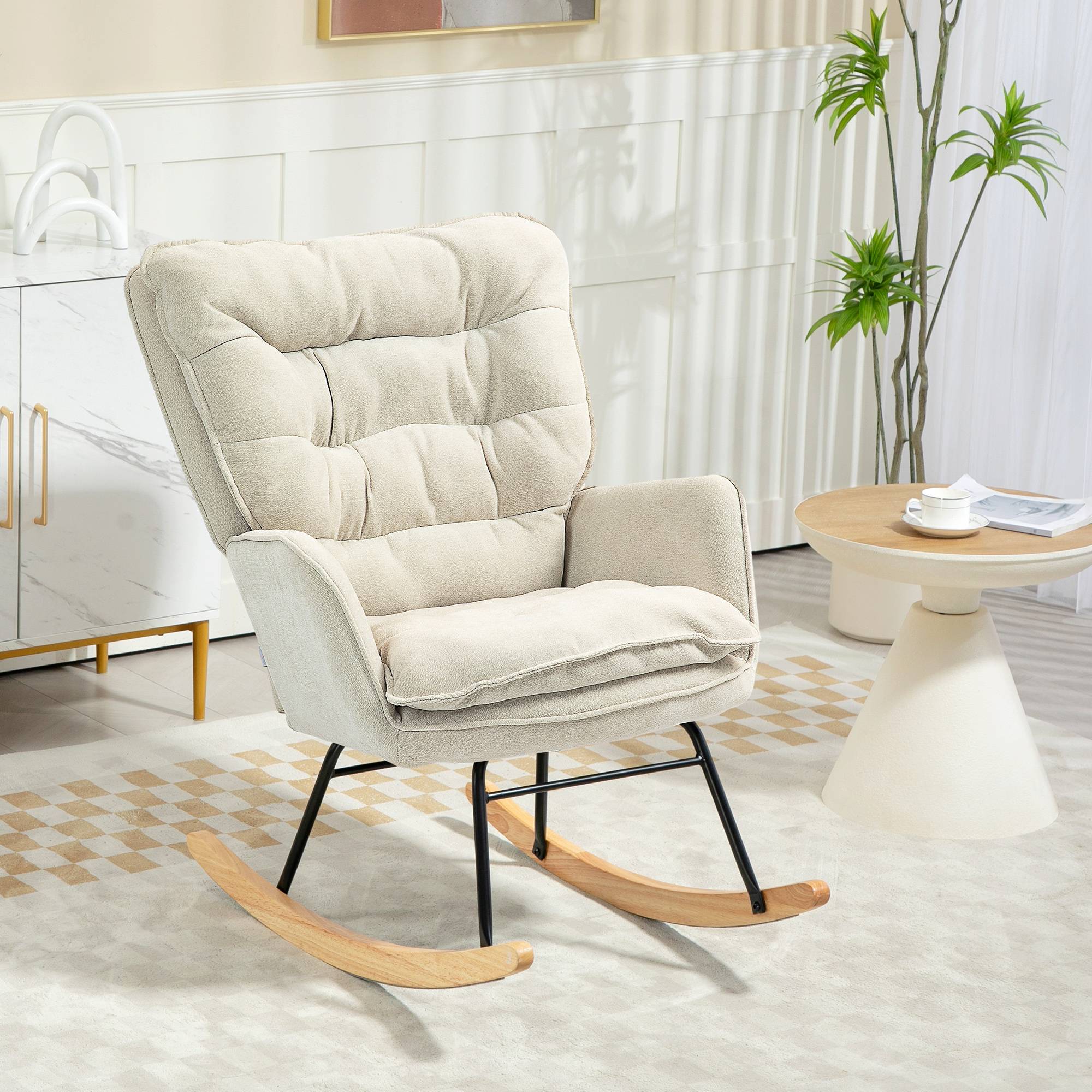 Sans Marque - Fauteuil à bascule, rocking chair en chenille, dossier et assise larges rembourrés, accoudoirs, 71 x 98,5 x 97 cm, beige - Image 4
