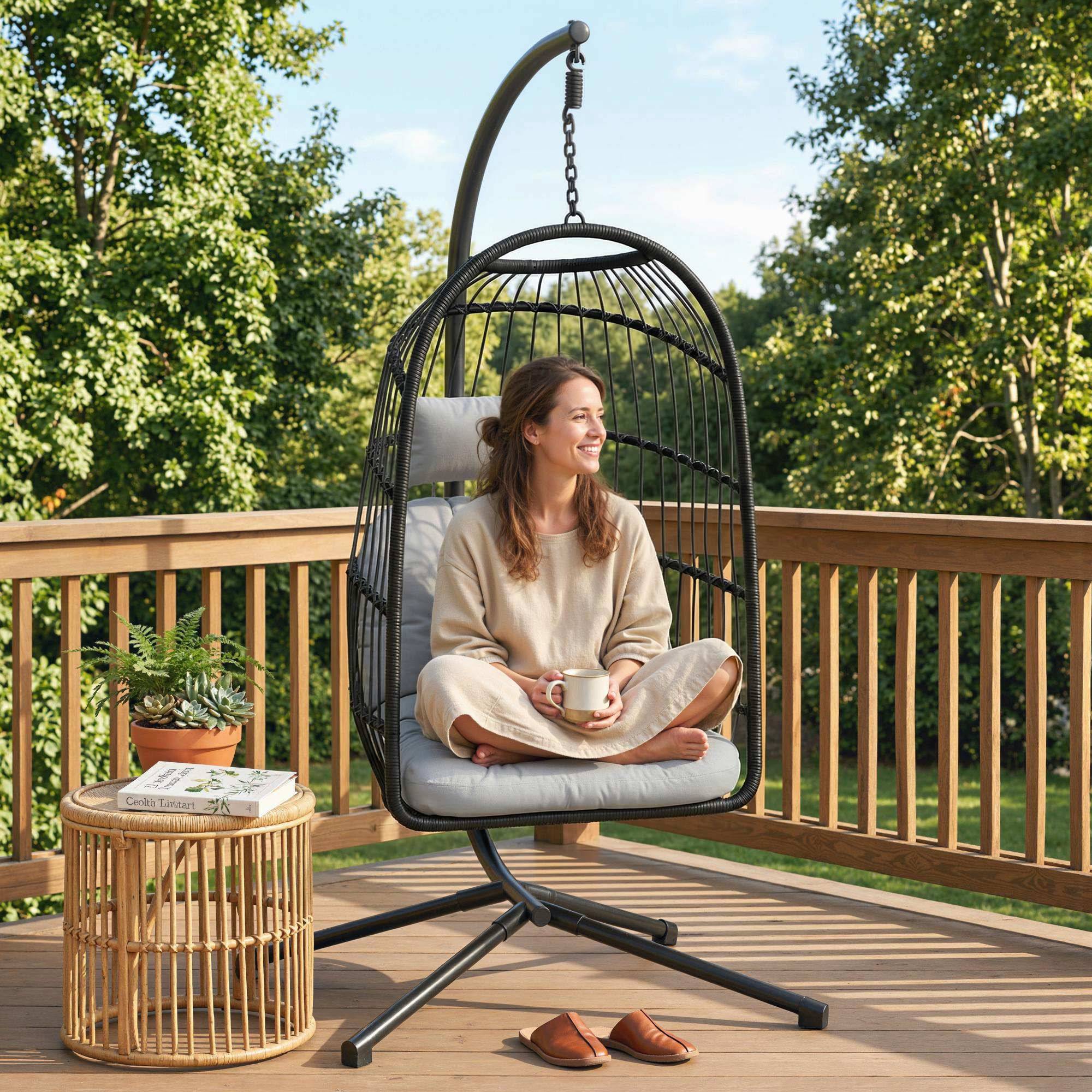 Sans Marque - Fauteuil Œuf Suspendu Pliable avec Support Coussin 15cm et Appui-tête Gain de Place Résine Tressée 101x105x196cm Gris - Image 10