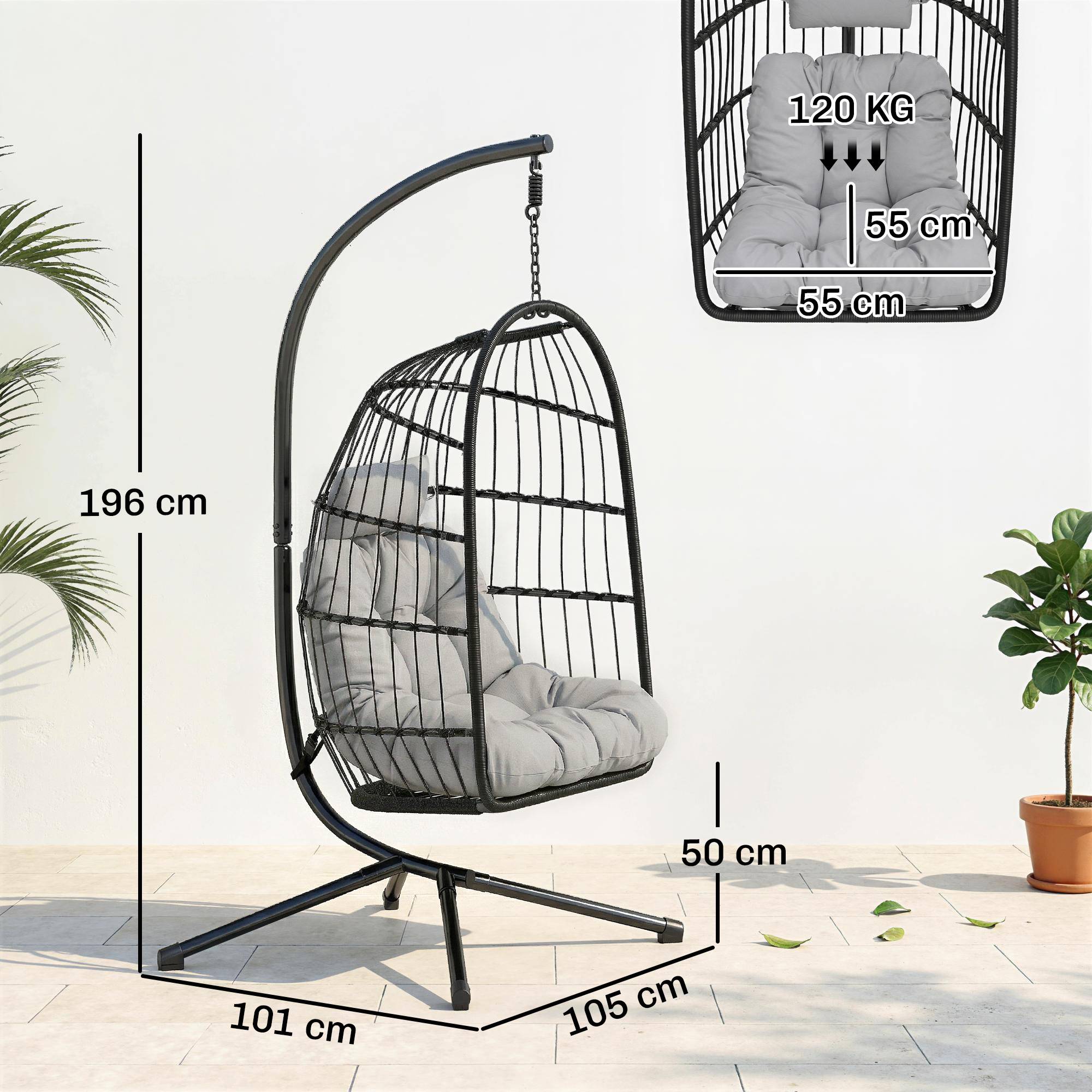 Sans Marque - Fauteuil Œuf Suspendu Pliable avec Support Coussin 15cm et Appui-tête Gain de Place Résine Tressée 101x105x196cm Gris - Image 5