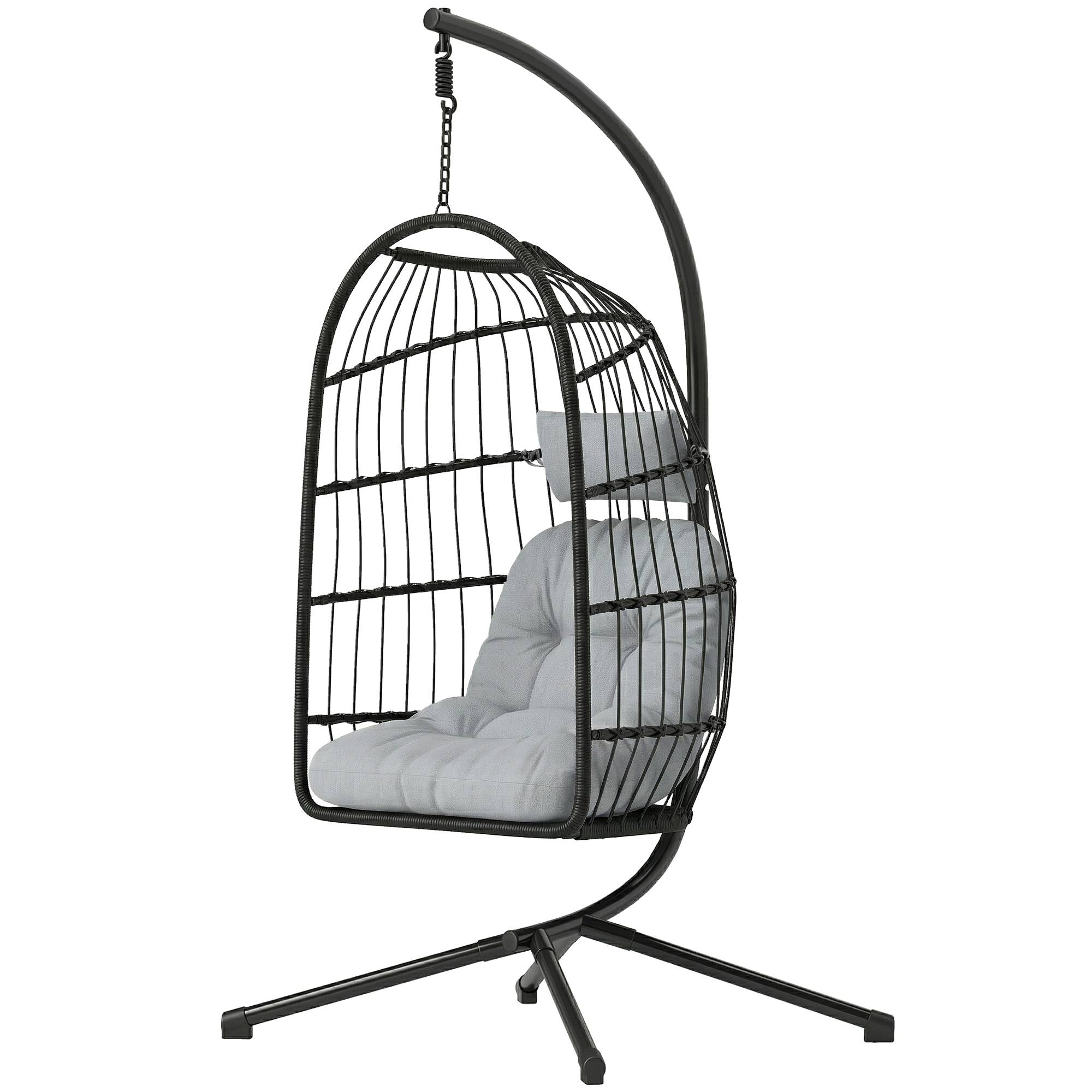 Sans Marque - Fauteuil Œuf Suspendu Pliable avec Support Coussin 15cm et Appui-tête Gain de Place Résine Tressée 101x105x196cm Gris - Image 2