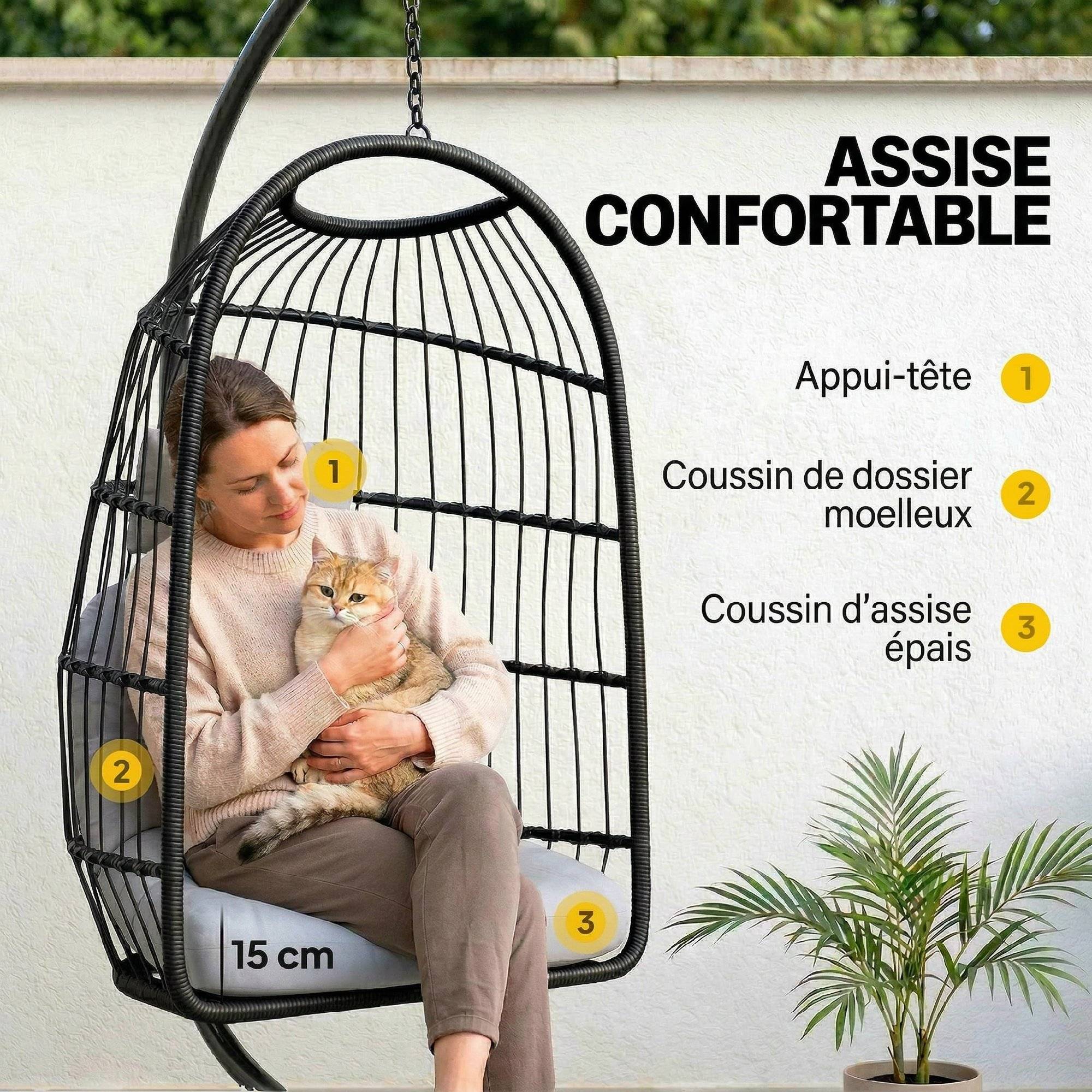 Sans Marque - Fauteuil Œuf Suspendu Pliable avec Support Coussin 15cm et Appui-tête Gain de Place Résine Tressée 101x105x196cm Gris - Image 8