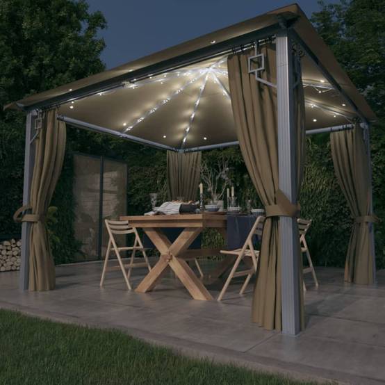 Tonnelle Aluminium Taupe avec Rideaux et LED 3 x 3 x 2.7 cm - PANGIVO - Image 1