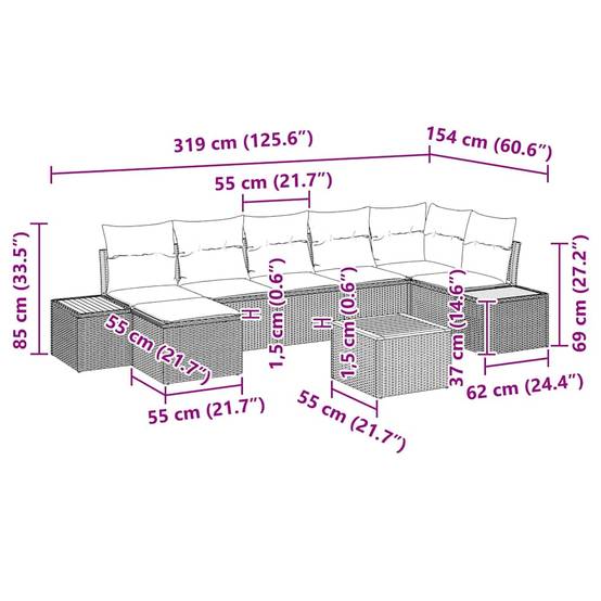 Salon de jardin modulable 8 pcs en polyrotin avec table et coussins Gris – ComfortXL Outdoor Living - Image 8