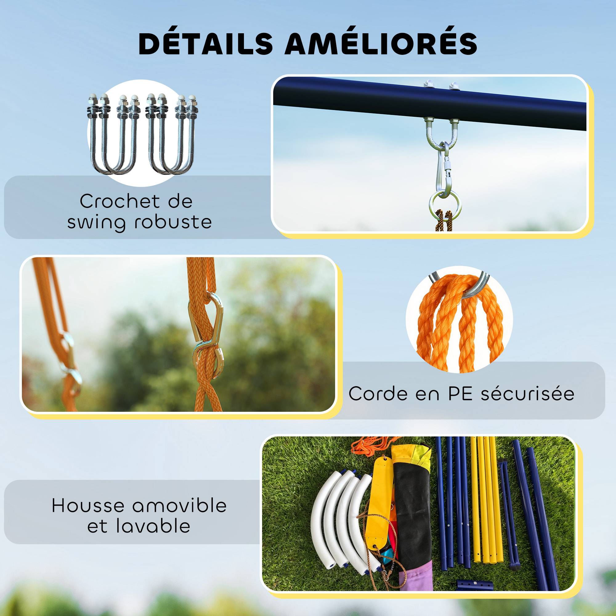 Balançoire portique pour enfant avec double balancelles, cordes réglables, cadre en acier, pour 3-8 ans, multicolore - Image 9