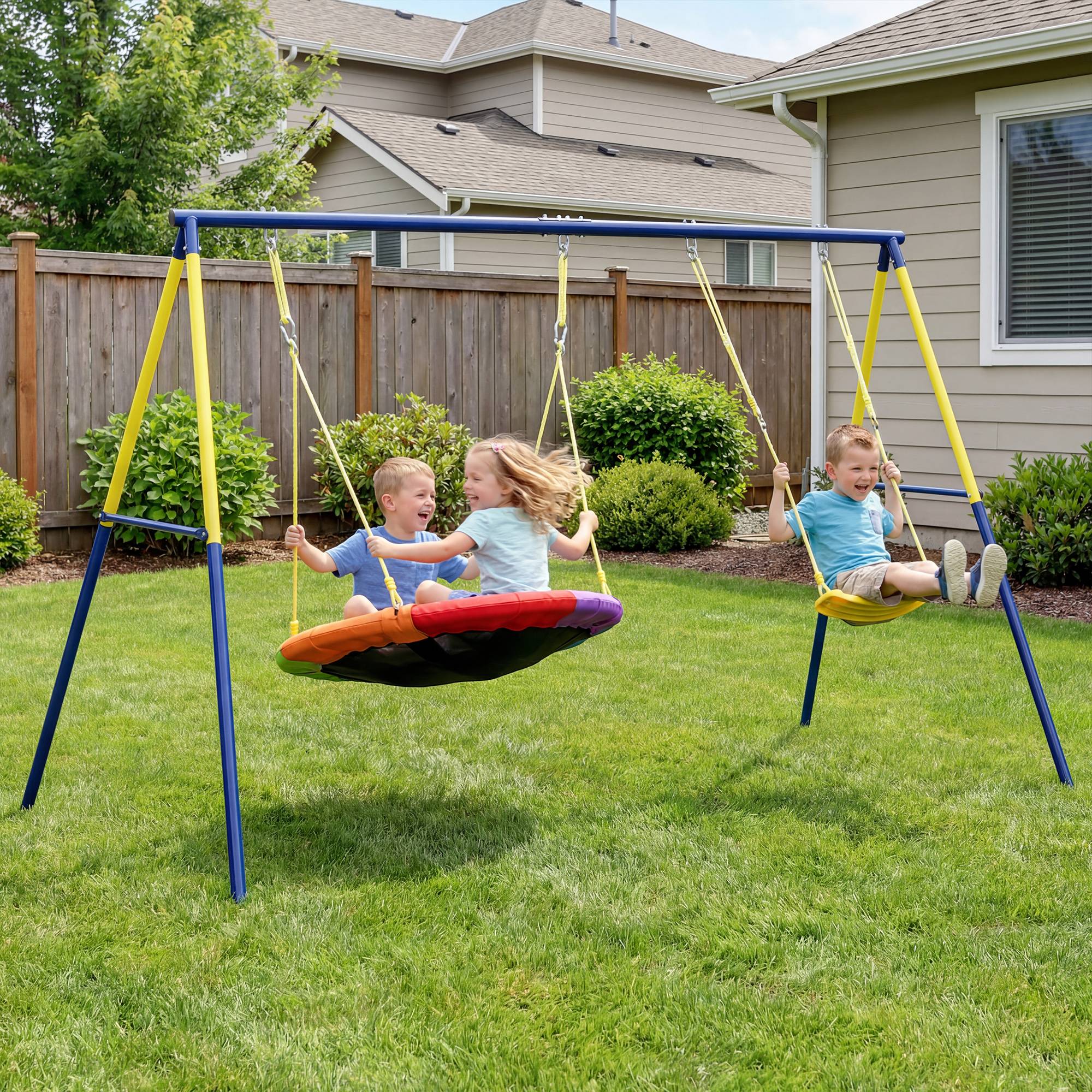 Balançoire portique pour enfant avec double balancelles, cordes réglables, cadre en acier, pour 3-8 ans, multicolore - Image 3
