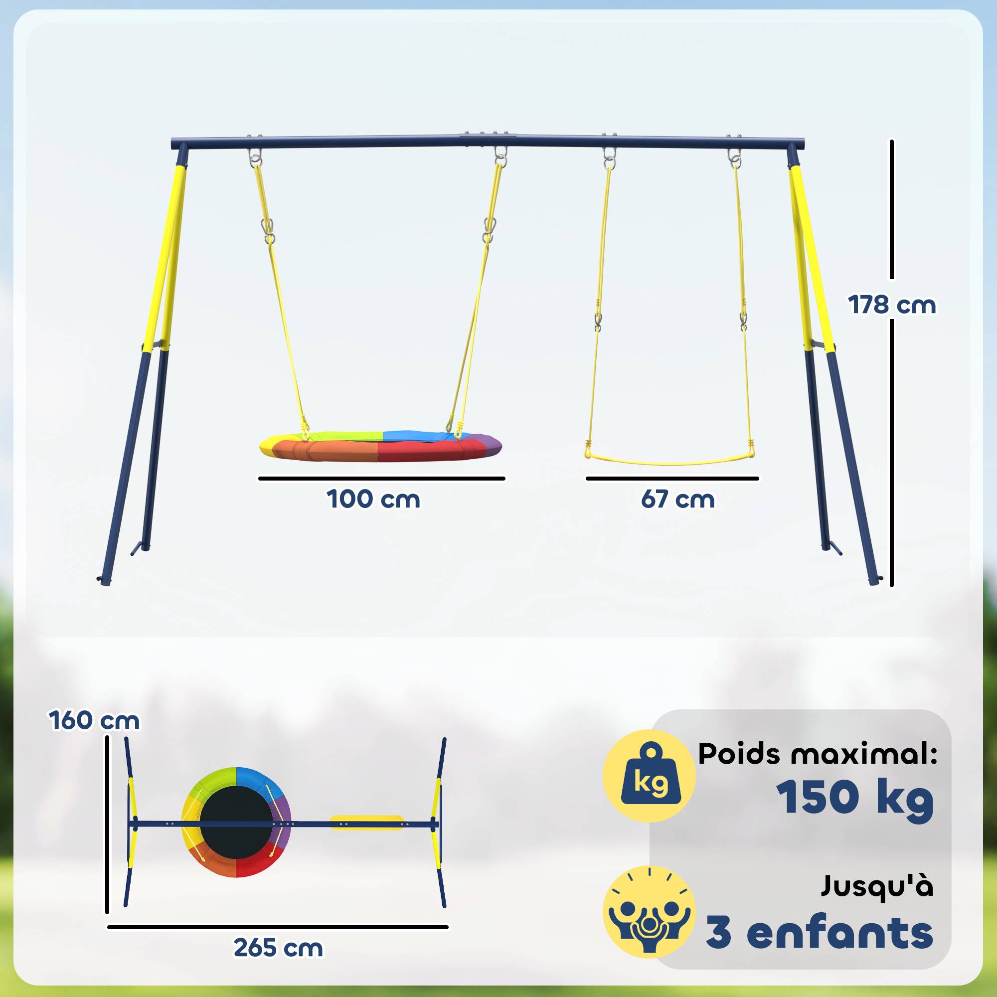 Balançoire portique pour enfant avec double balancelles, cordes réglables, cadre en acier, pour 3-8 ans, multicolore - Image 5