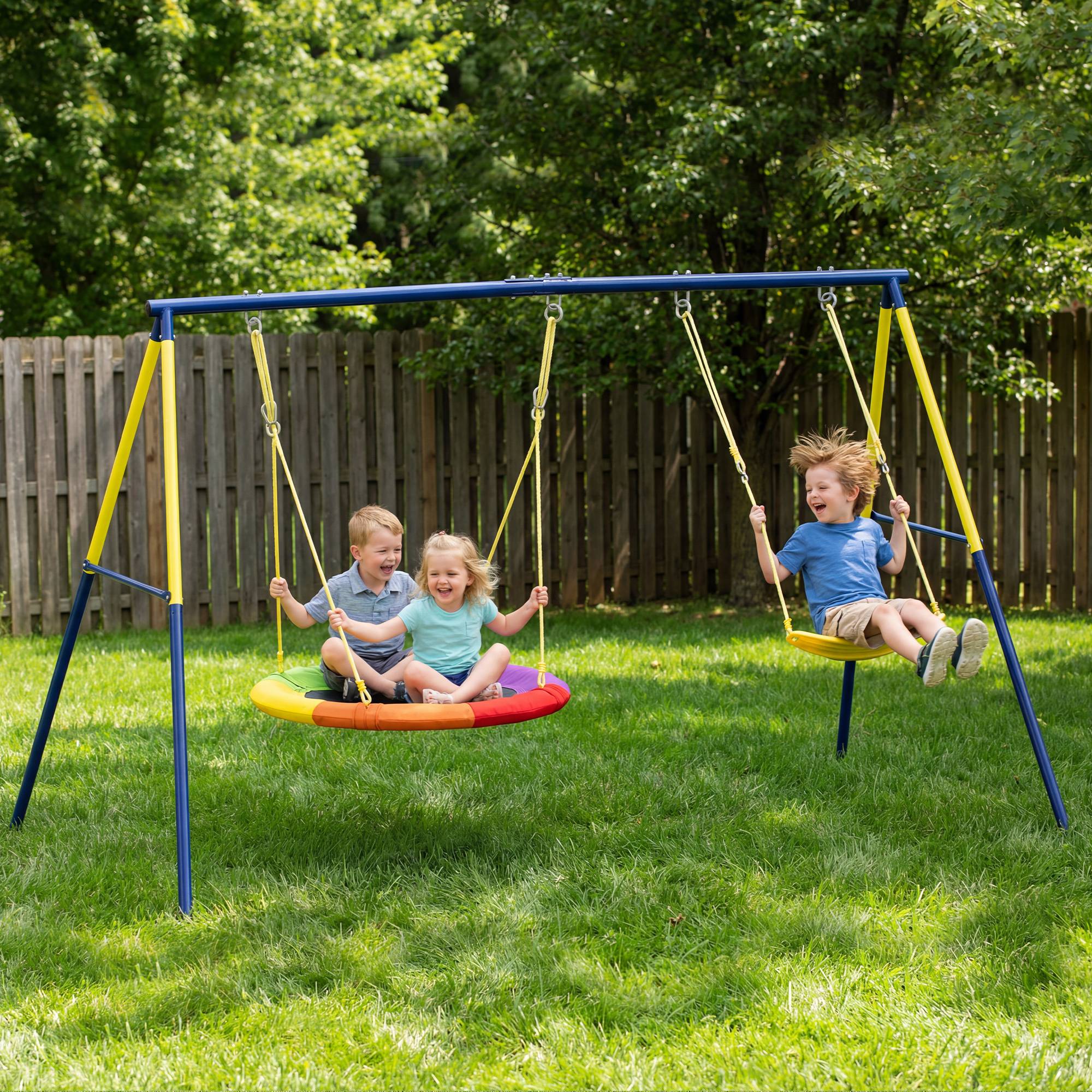 Balançoire portique pour enfant avec double balancelles, cordes réglables, cadre en acier, pour 3-8 ans, multicolore - Image 4