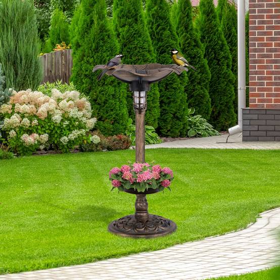 Bain d'Oiseaux Solaire Extérieur Combo sur Piédestal et Mangeoire avec Bol en Feuille de Lotus Jardinière Lampe Solaire Bronze Antique F66R - Image 2