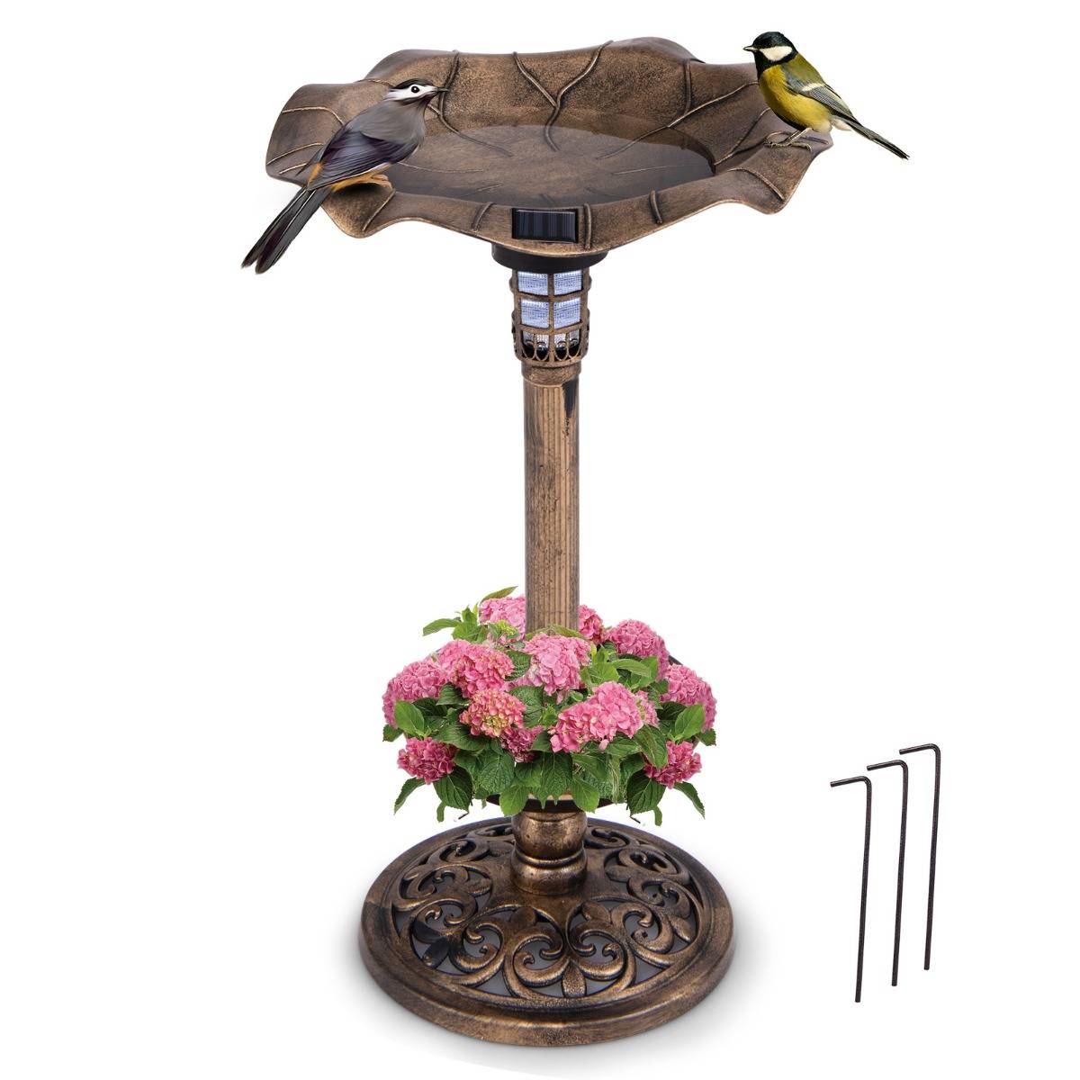 Bain d'Oiseaux Solaire Extérieur Combo sur Piédestal et Mangeoire avec Bol en Feuille de Lotus Jardinière Lampe Solaire Bronze Antique F66R
