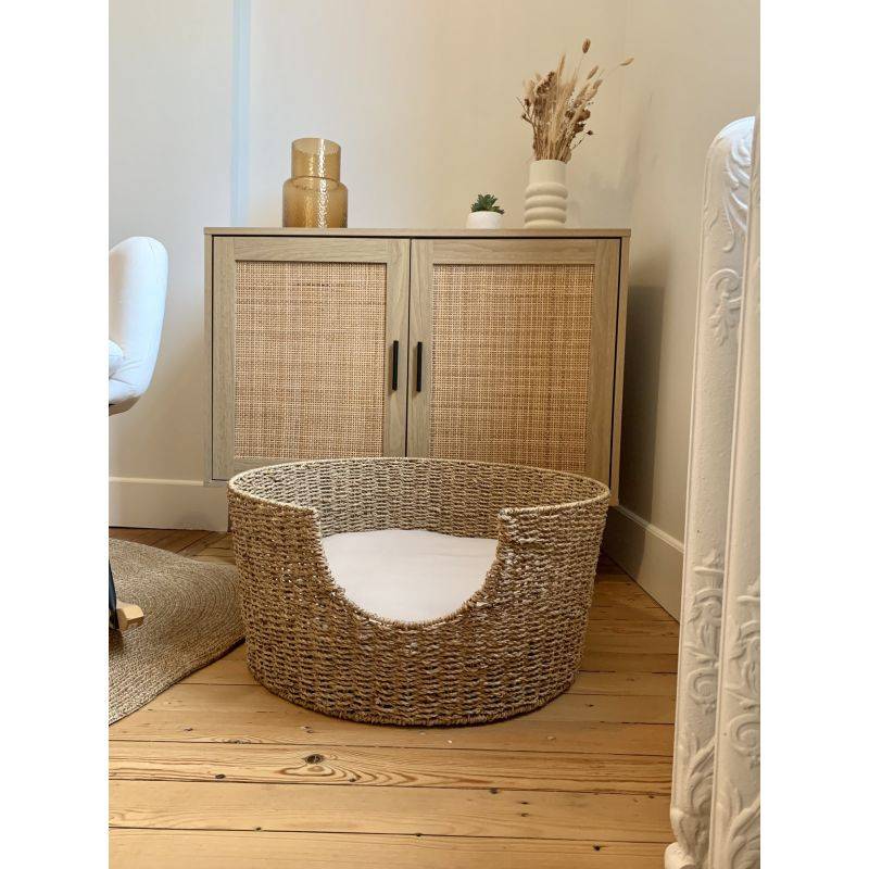 Panier rond ATHENA pour chien et chat en jonc de mer coussin écru Beau Rivage - Image 2