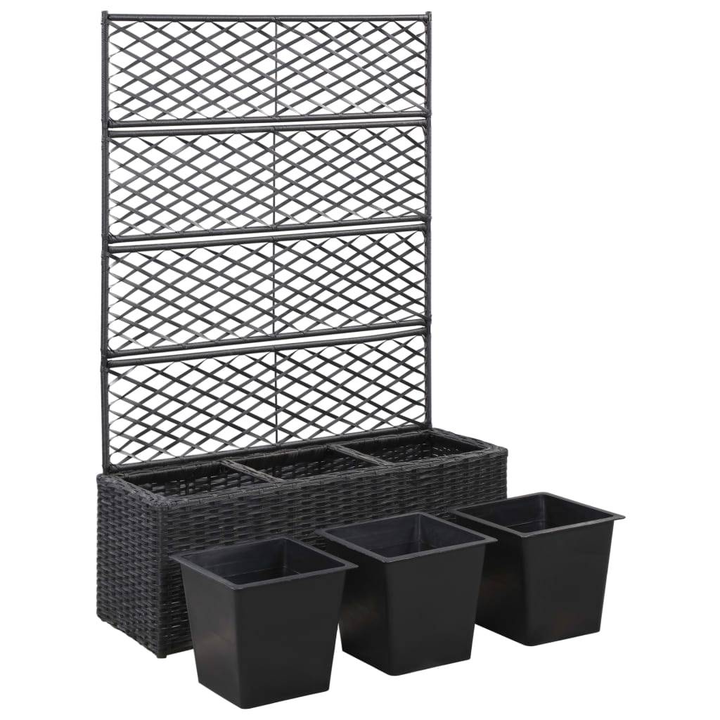 Jardinière lit surélevé plantes fleurs jardin en treillis 3 pots 83 x 30 x 130cm résine tressée noir - Image 4