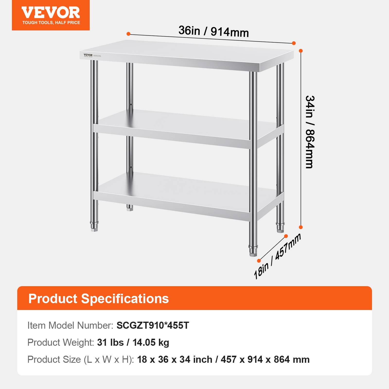 Vevor - VEVOR Station travail cuisine métal 18x36x34 pouces, inox, 2 étagères flexibles, durable pour cuisine. - Image 7