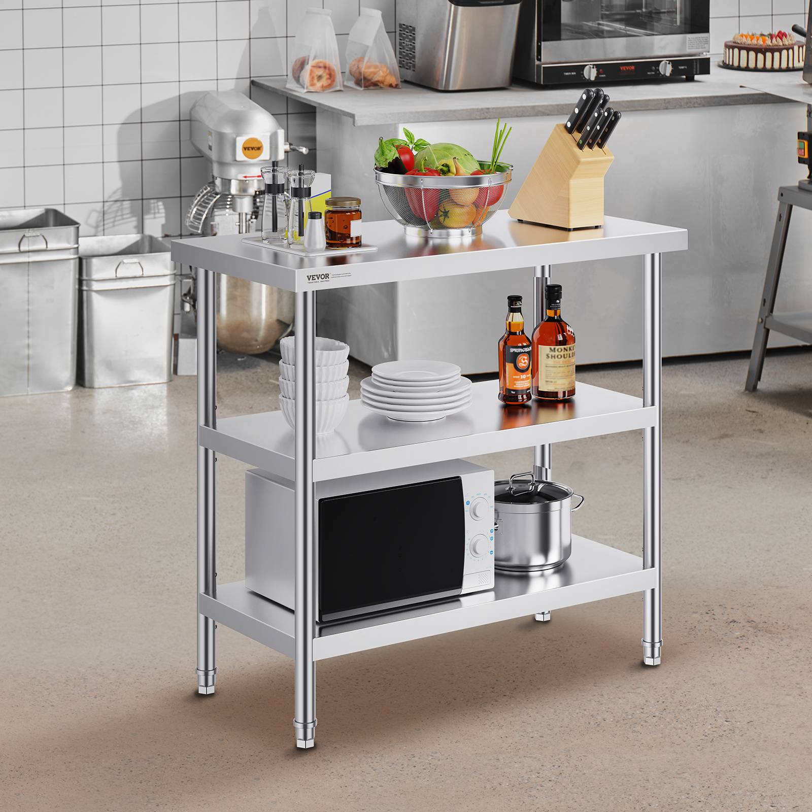 Vevor - VEVOR Station travail cuisine métal 18x36x34 pouces, inox, 2 étagères flexibles, durable pour cuisine. - Image 8