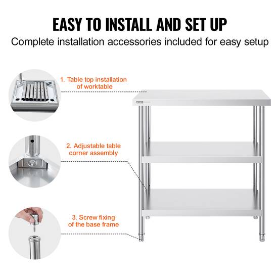 Vevor - VEVOR Station travail cuisine métal 18x36x34 pouces, inox, 2 étagères flexibles, durable pour cuisine. - Image 6