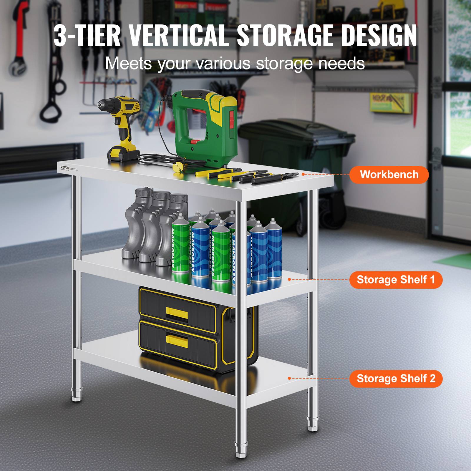 Vevor - VEVOR Station travail cuisine métal 18x36x34 pouces, inox, 2 étagères flexibles, durable pour cuisine. - Image 4