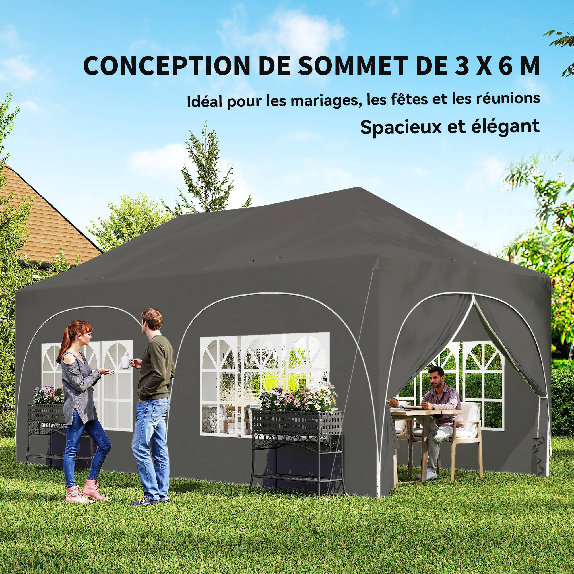 Tonnelle pliante barnum imperméable anti-UV 6 parois latérales 6 sacs de sable 12 trous de drainage 3x6m gris - Image 6