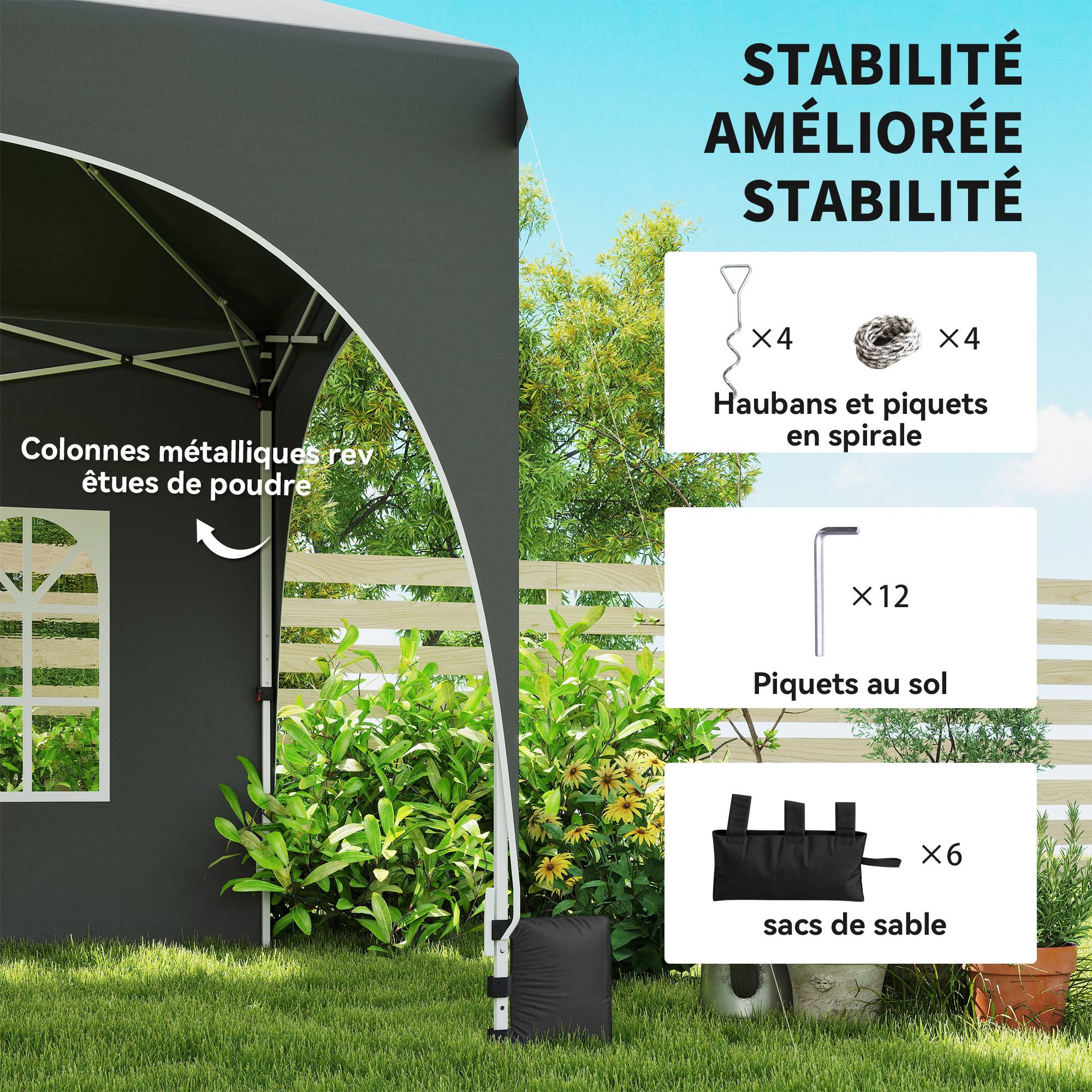 Tonnelle pliante barnum imperméable anti-UV 6 parois latérales 6 sacs de sable 12 trous de drainage 3x6m gris - Image 7