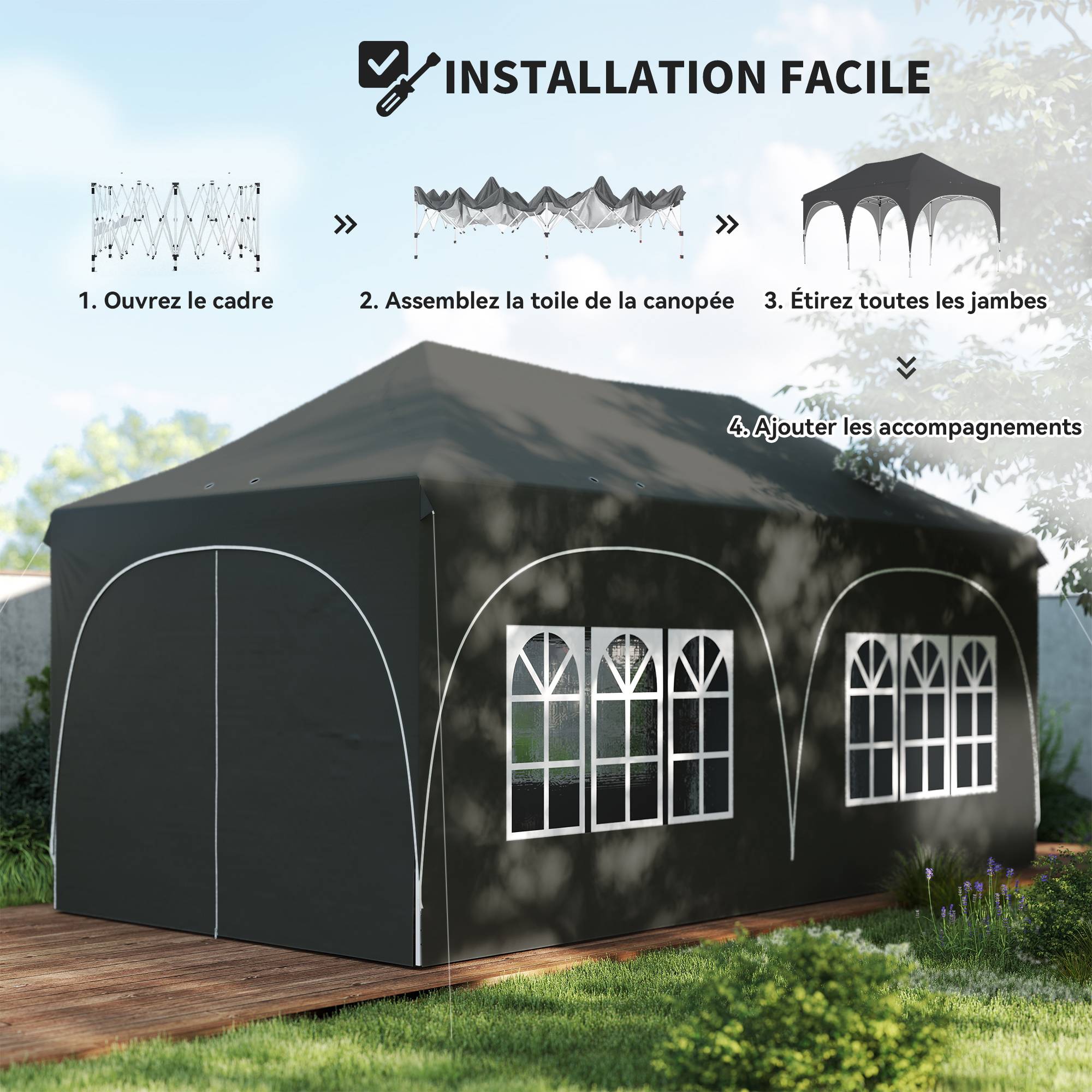 Tonnelle pliante barnum imperméable anti-UV 6 parois latérales 6 sacs de sable 12 trous de drainage 3x6m gris - Image 10