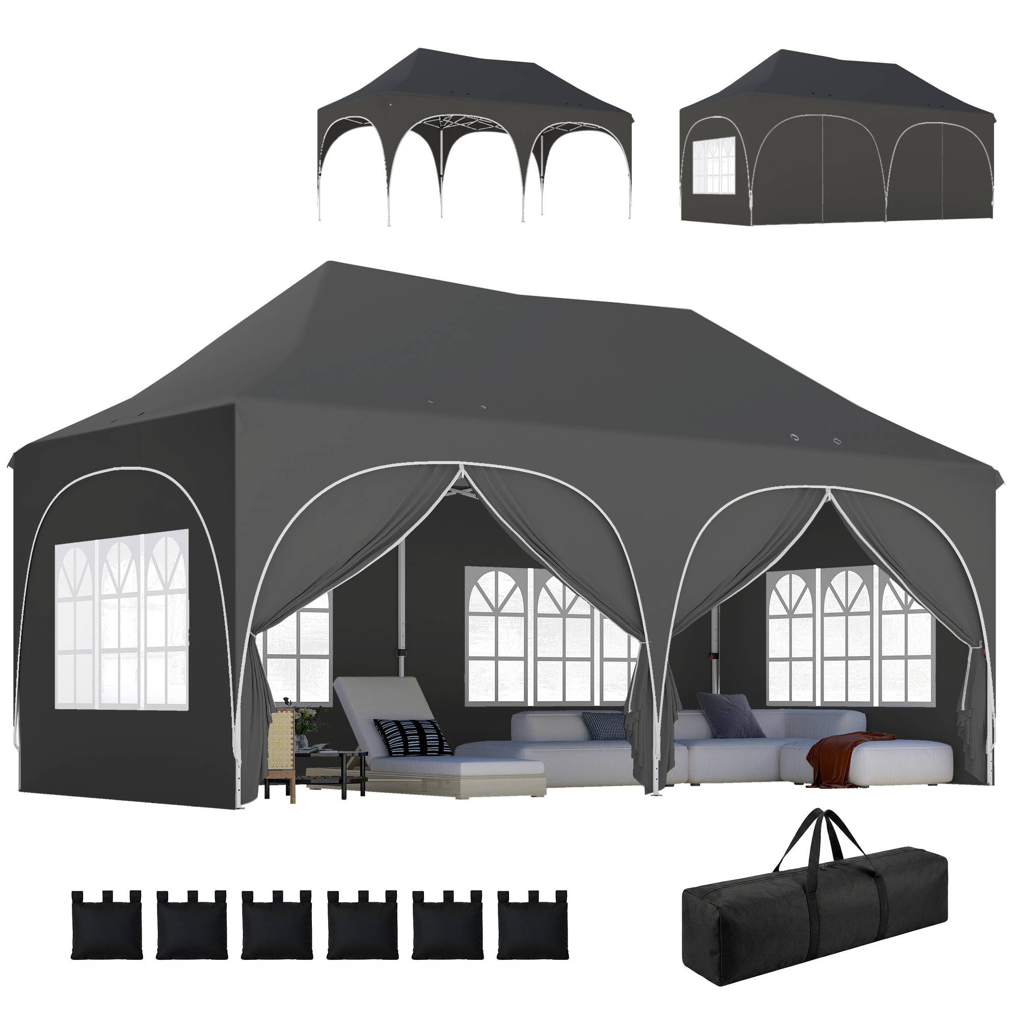 Tonnelle pliante barnum imperméable anti-UV 6 parois latérales 6 sacs de sable 12 trous de drainage 3x6m gris - Image 1
