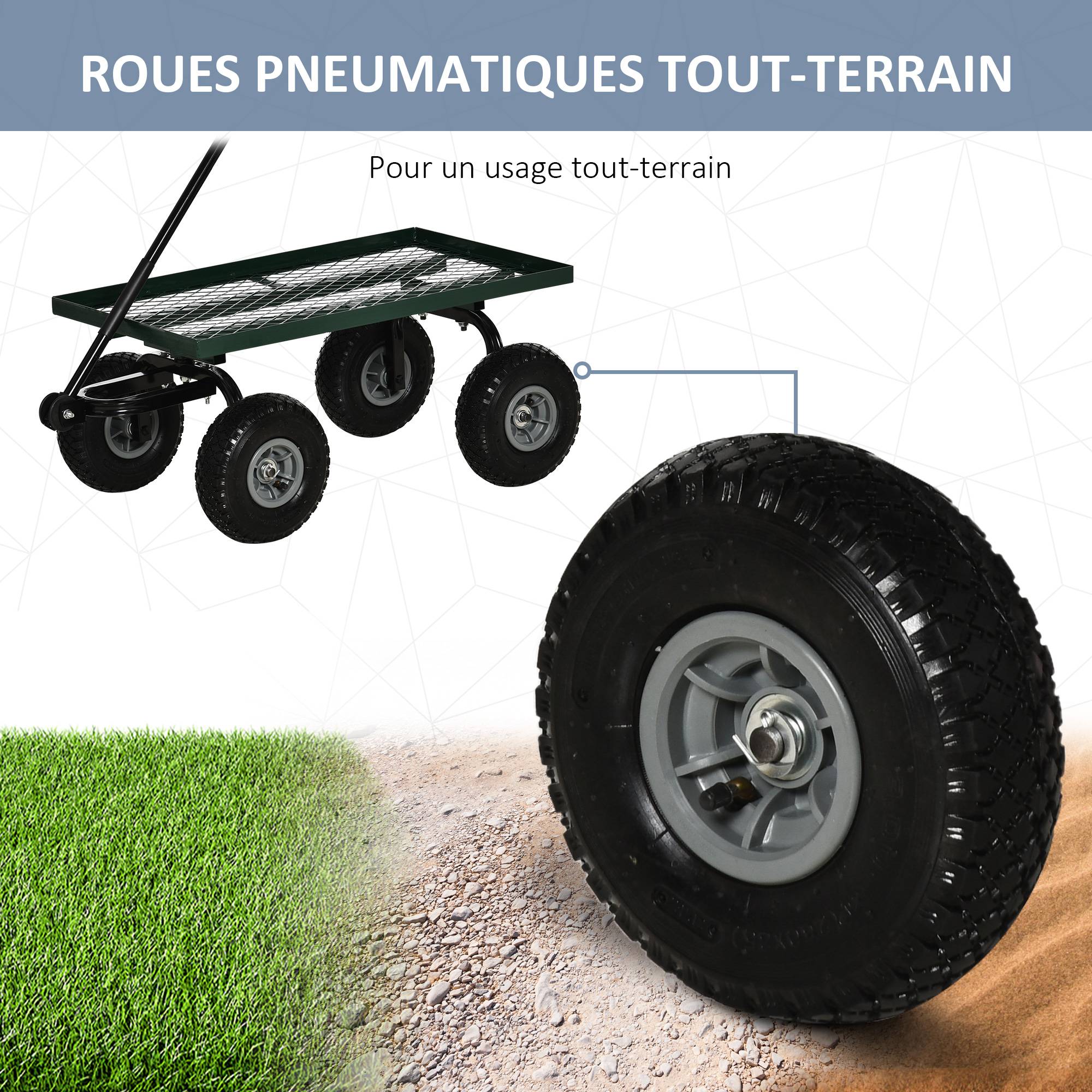 Chariot de transport acier robuste travaux extérieurs charges lourdes 94x48x100cm vert - ComfortXL Outdoor Living - Image 7