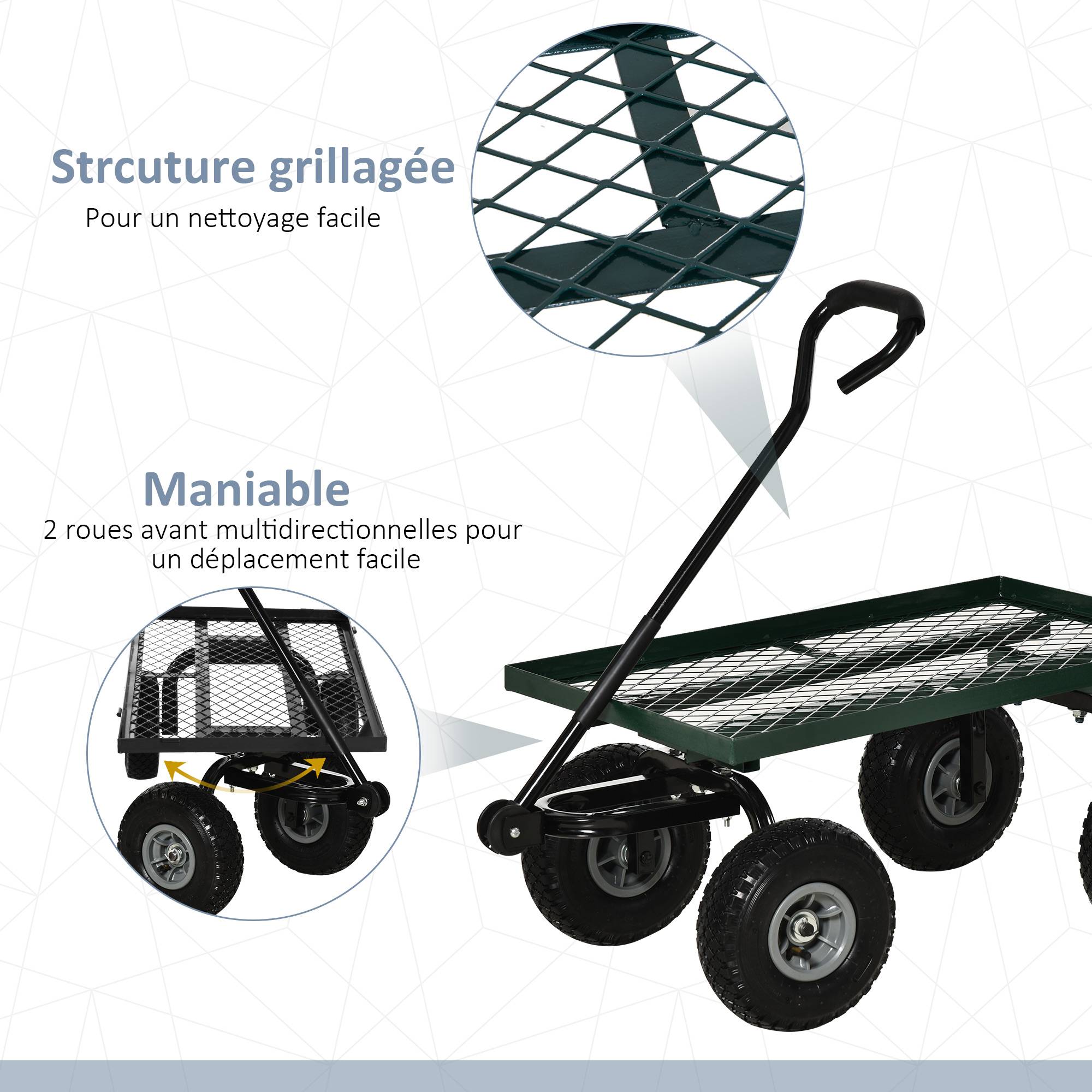 Chariot de transport acier robuste travaux extérieurs charges lourdes 94x48x100cm vert - ComfortXL Outdoor Living - Image 8