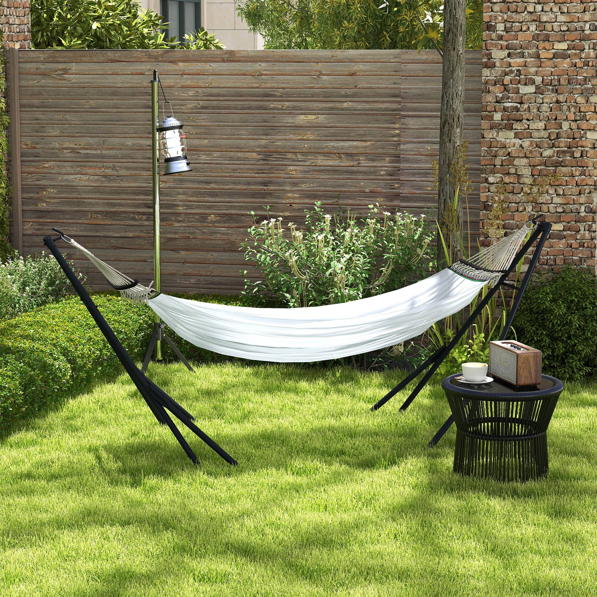 Support hamac 2-en-1 métal extérieur avec toile nylon pliable 263x89cm blanc - ComfortXL Outdoor Living - Image 4