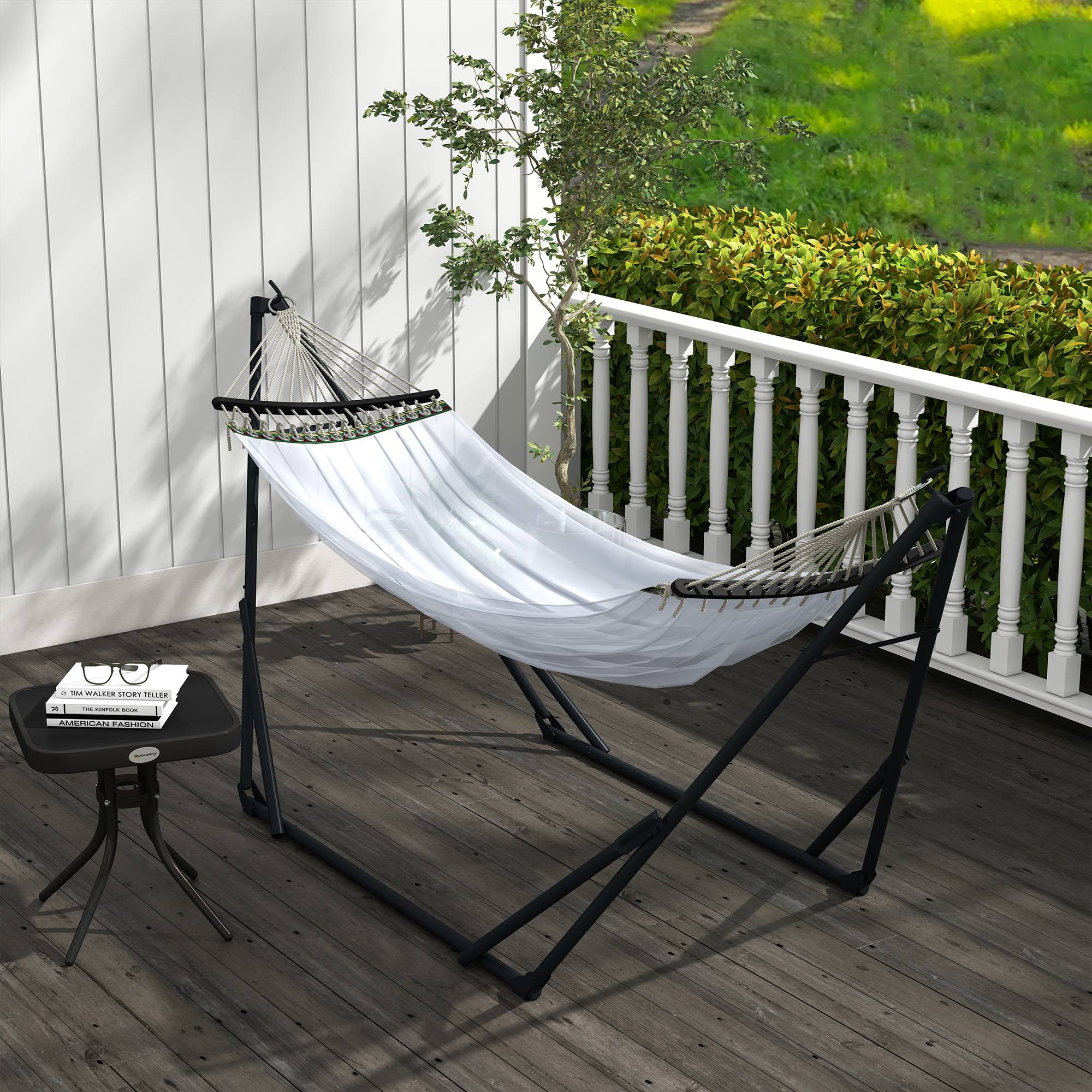 Support hamac 2-en-1 métal extérieur avec toile nylon pliable 263x89cm blanc - ComfortXL Outdoor Living - Image 3