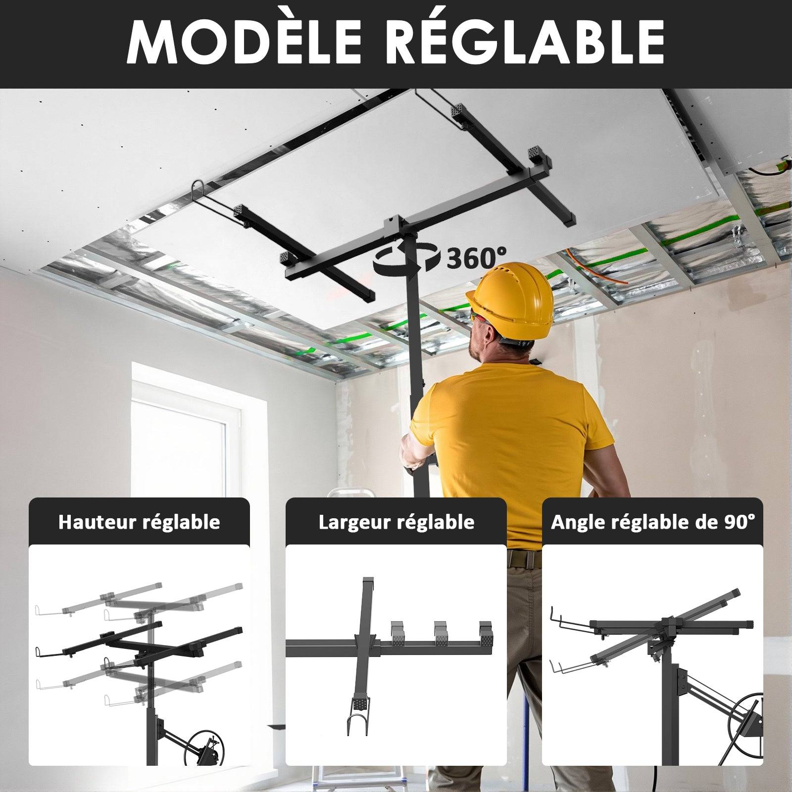 Grue à plaques de plâtre XXL – Charge maximale 68 kg, hauteur réglable 140–325 cm, couleur noire - Image 3