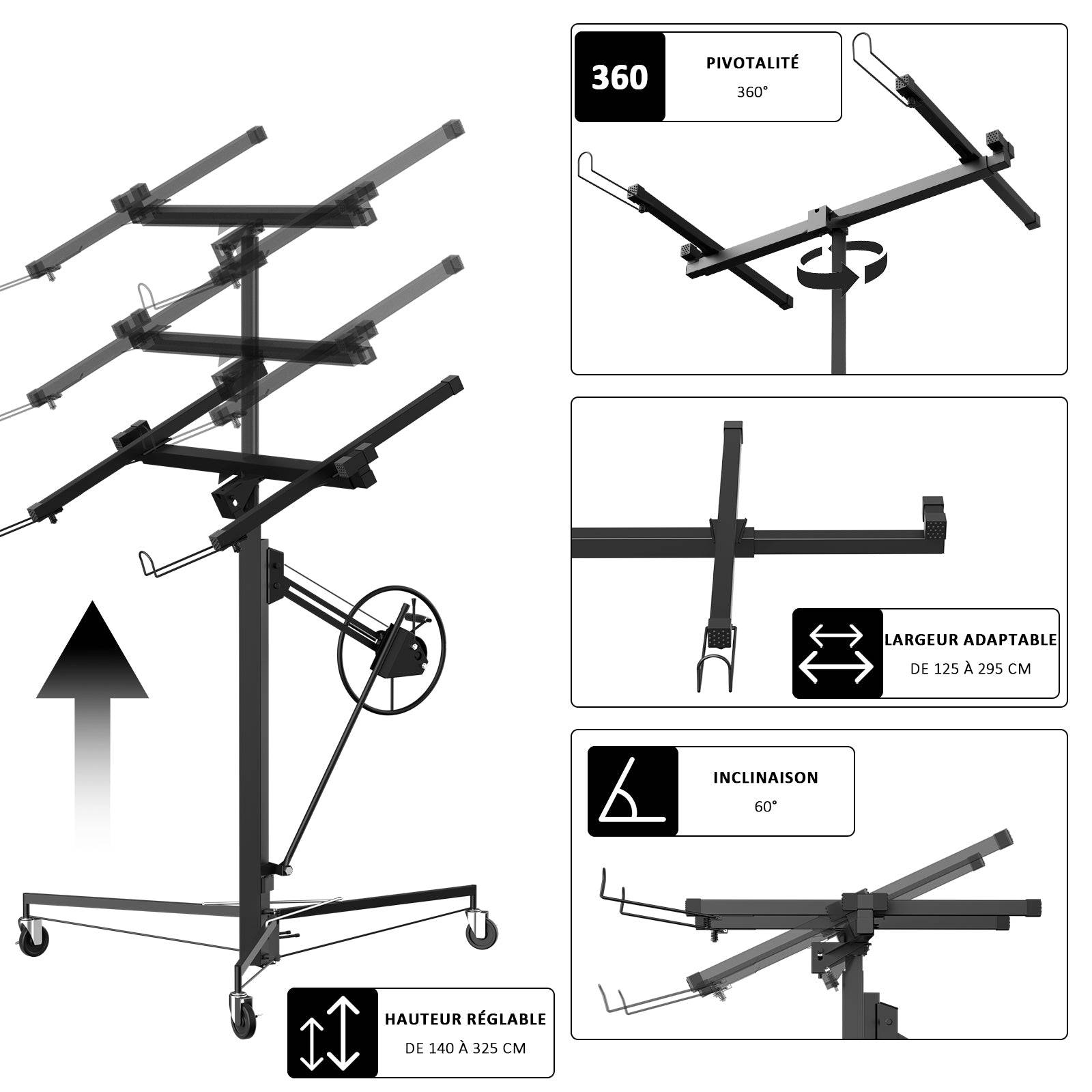 Grue à plaques de plâtre XXL – Charge maximale 68 kg, hauteur réglable 140–325 cm, couleur noire - Image 4