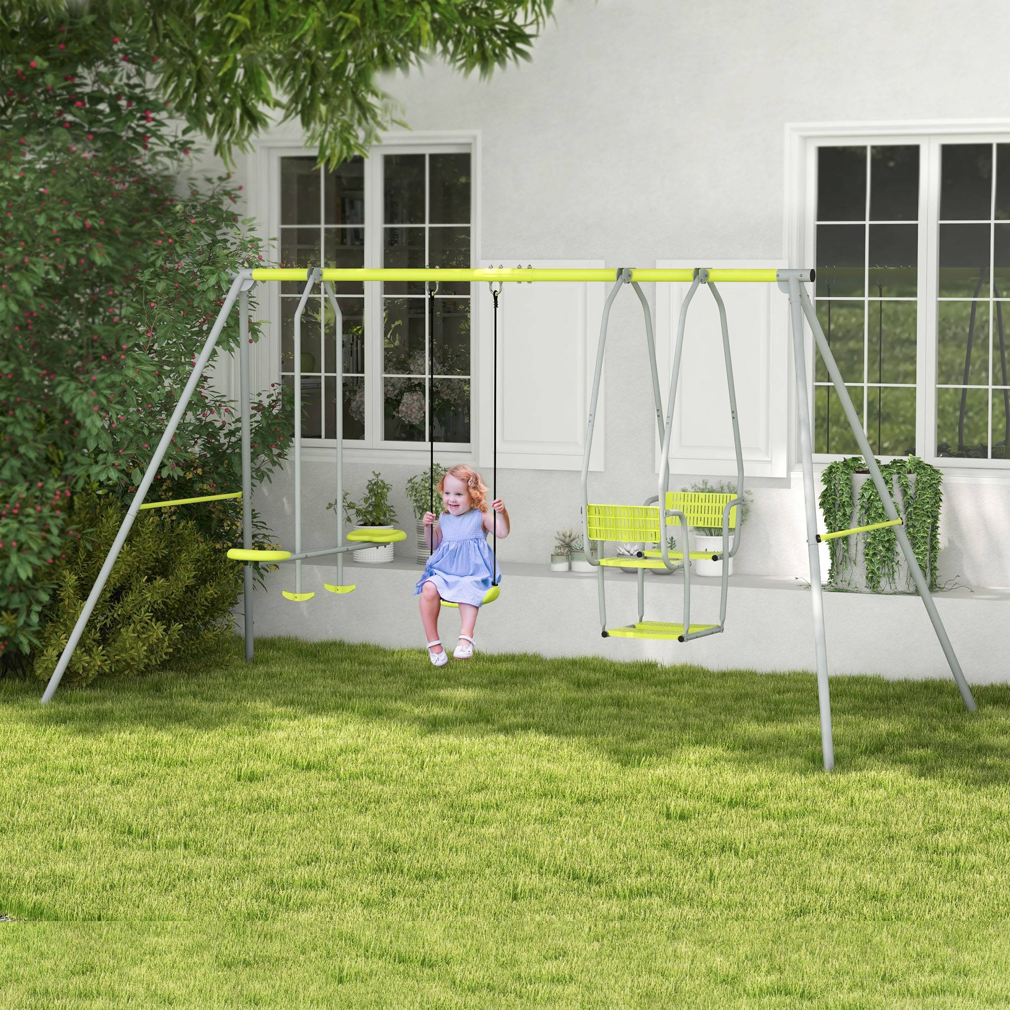 3 en 1 balançoire portique enfant avec 2 face à face et 1 siège de balançoire charge max. 225 kg vert - Image 4