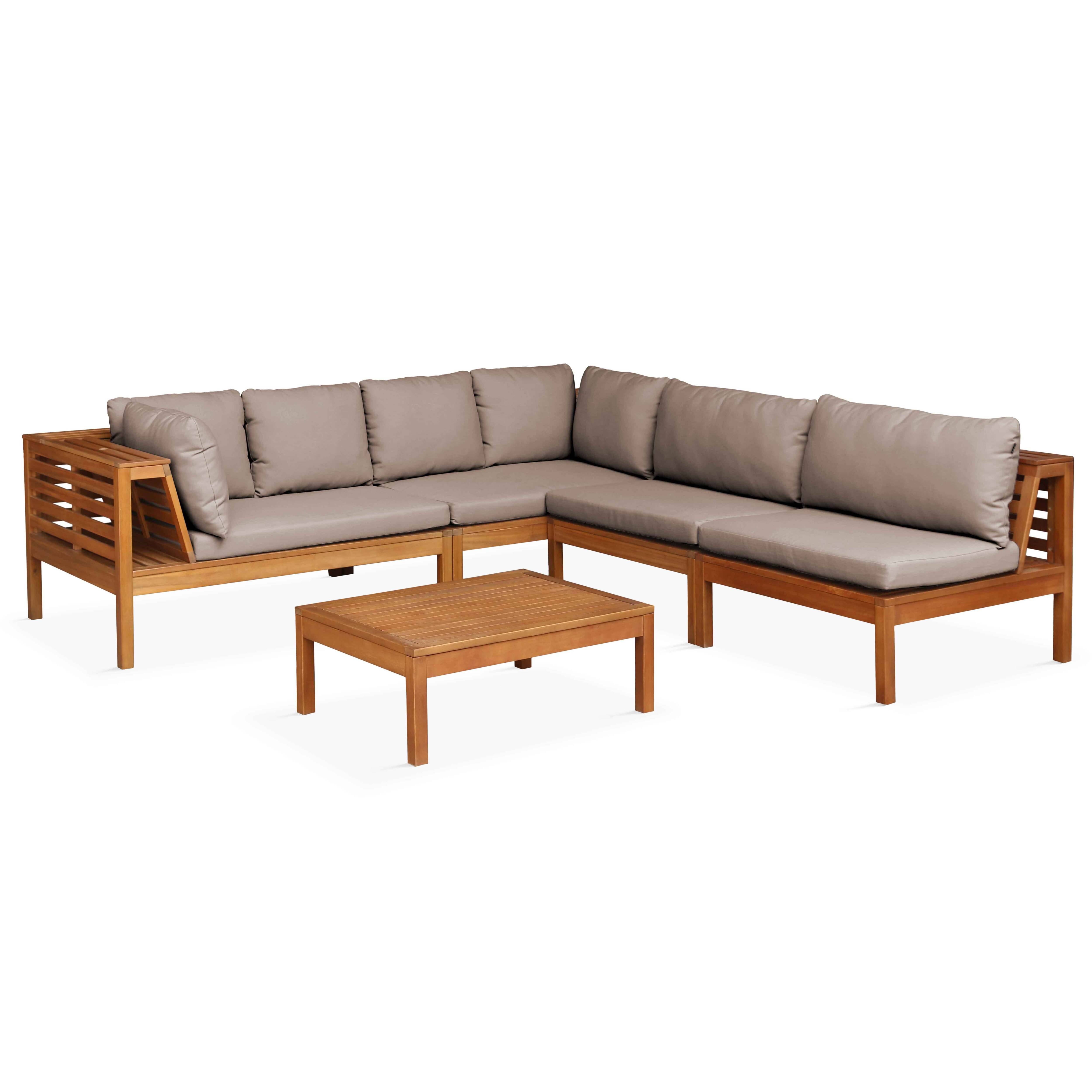 Oviala - Salon de jardin bas d'angle 5 places en bois avec table taupe Maupiti - Oviala - Image 1