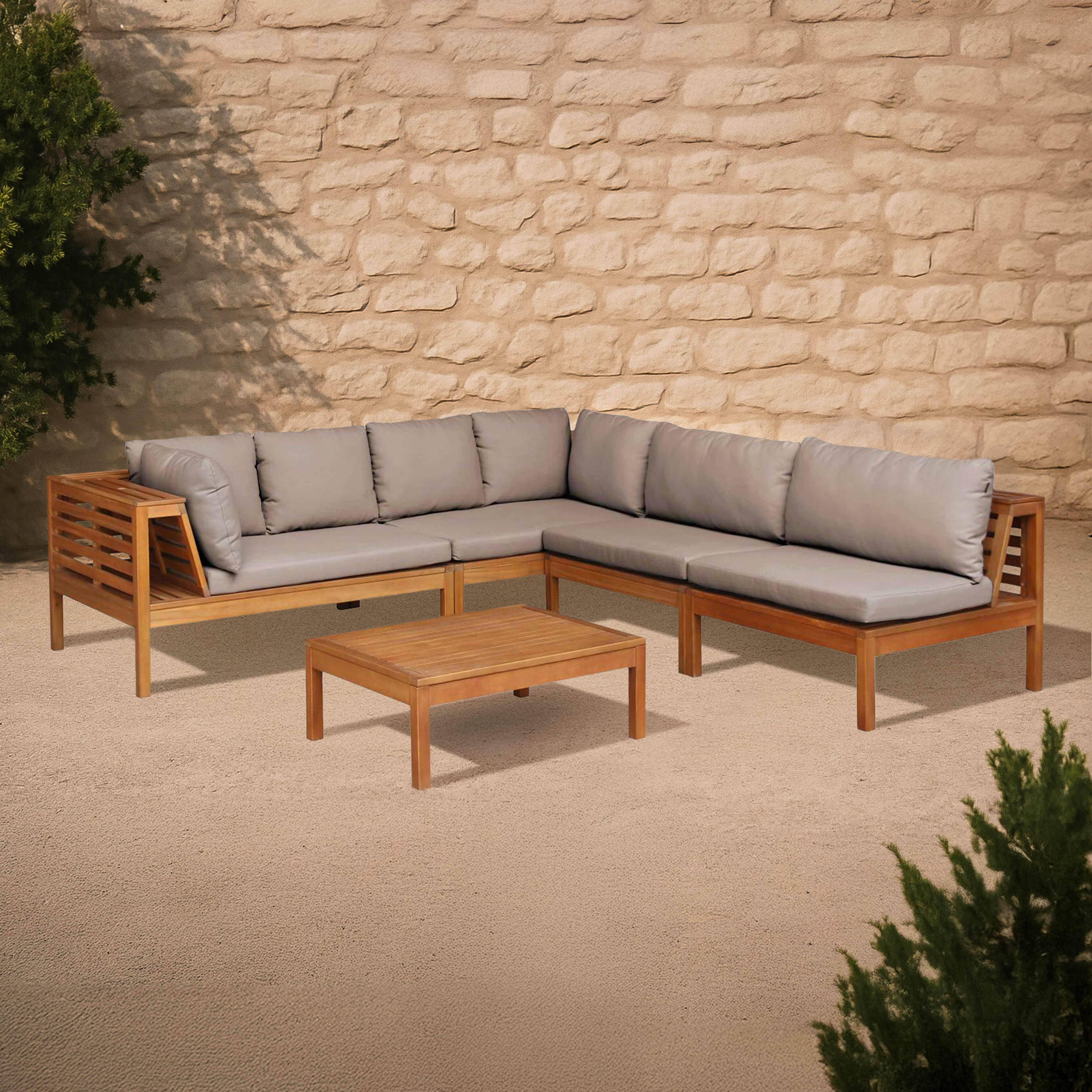 Oviala - Salon de jardin bas d'angle 5 places en bois avec table taupe Maupiti - Oviala - Image 2