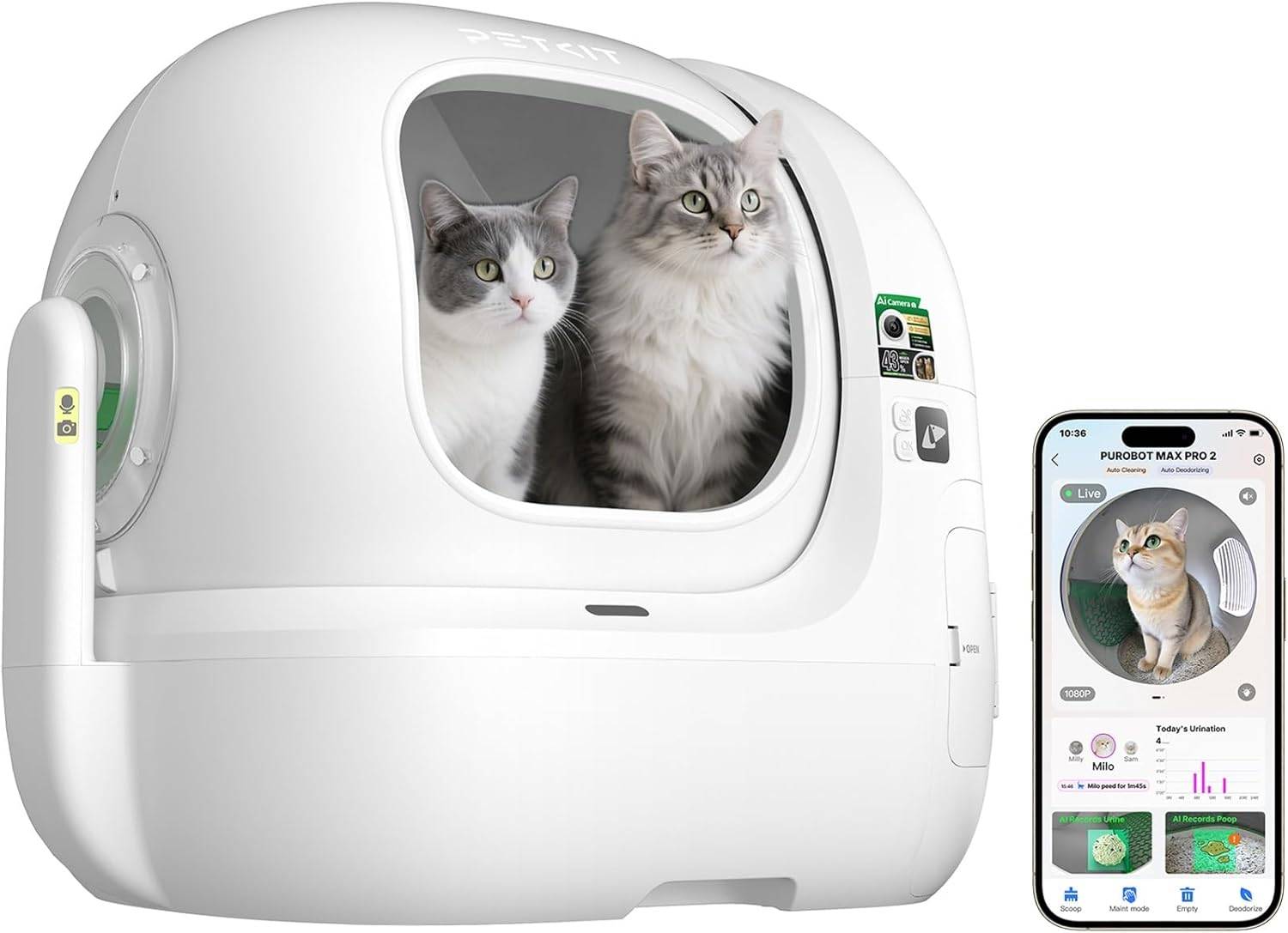 Litière automatique pour chat Purobot Max Pro 2.0 avec caméra IA entrée élargie - Petkit