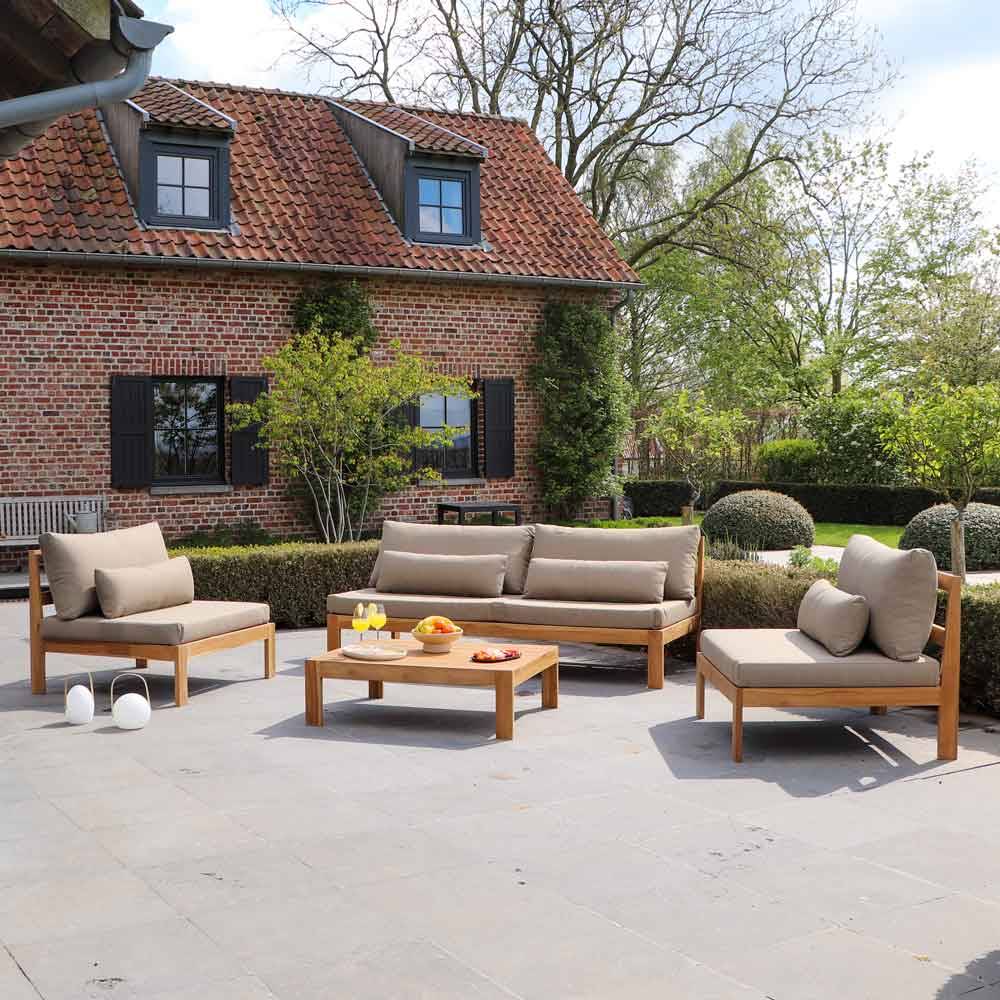 Wilsa Garden - Salon de jardin en teck massif 4 à 6 places avec coussins taupe – Modèle Touquet – Wilsa Garden - Image 1
