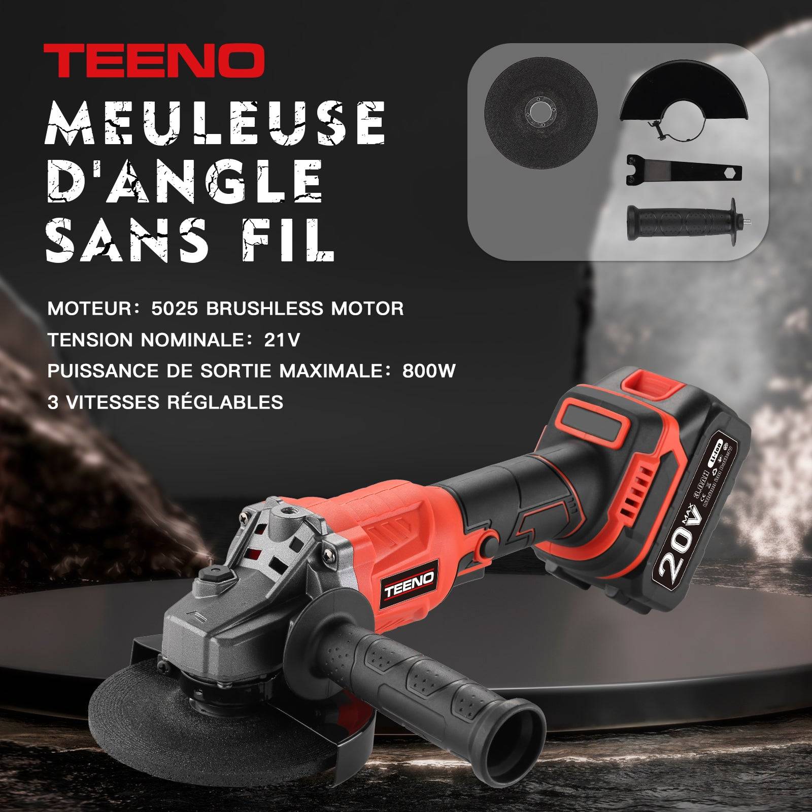 Teeno - Ensemble d'outils 3 pièces 20 V (meuleuse d'angle lithium-ion + perceuse sans mandrin + perceuse à percussion), 2 batteries 3 Ah - Image 2