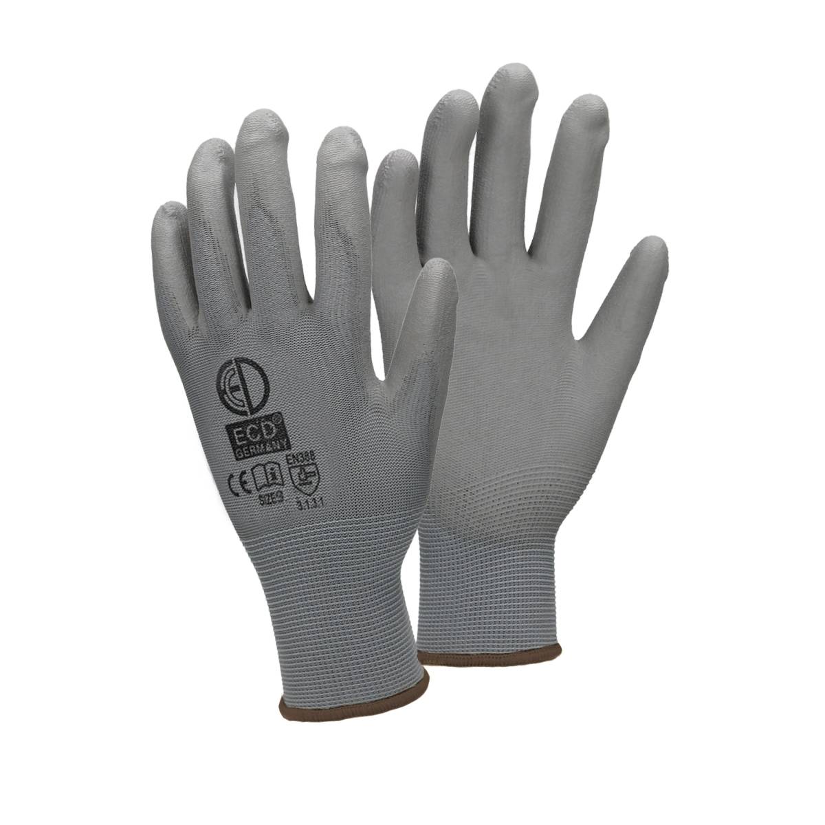 Ecd-Germany - ECD Germany 12 paires de gants de travail avec revêtement PU, taille 9-L, Gris, respirant, antidérapant - Image 1