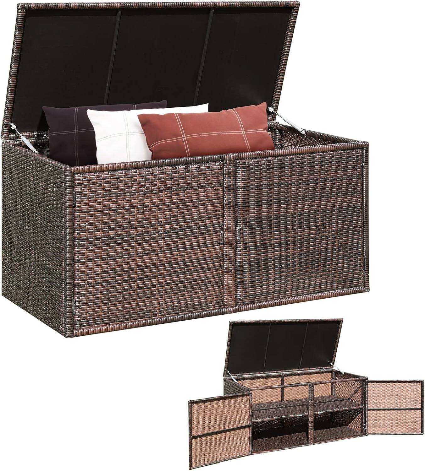 Coffre de Rangement Jardin 335L en Rotin PE, Charge 120 kg, avec 2 Etagères 115 x 60 x 65 CM Marron - Image 1
