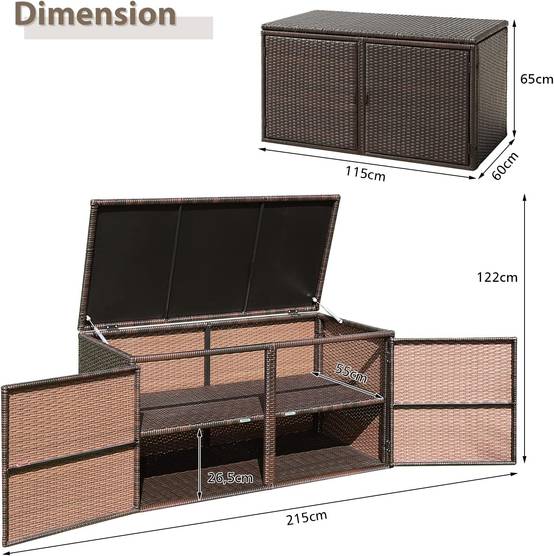 Coffre de Rangement Jardin 335L en Rotin PE, Charge 120 kg, avec 2 Etagères 115 x 60 x 65 CM Marron - Image 3