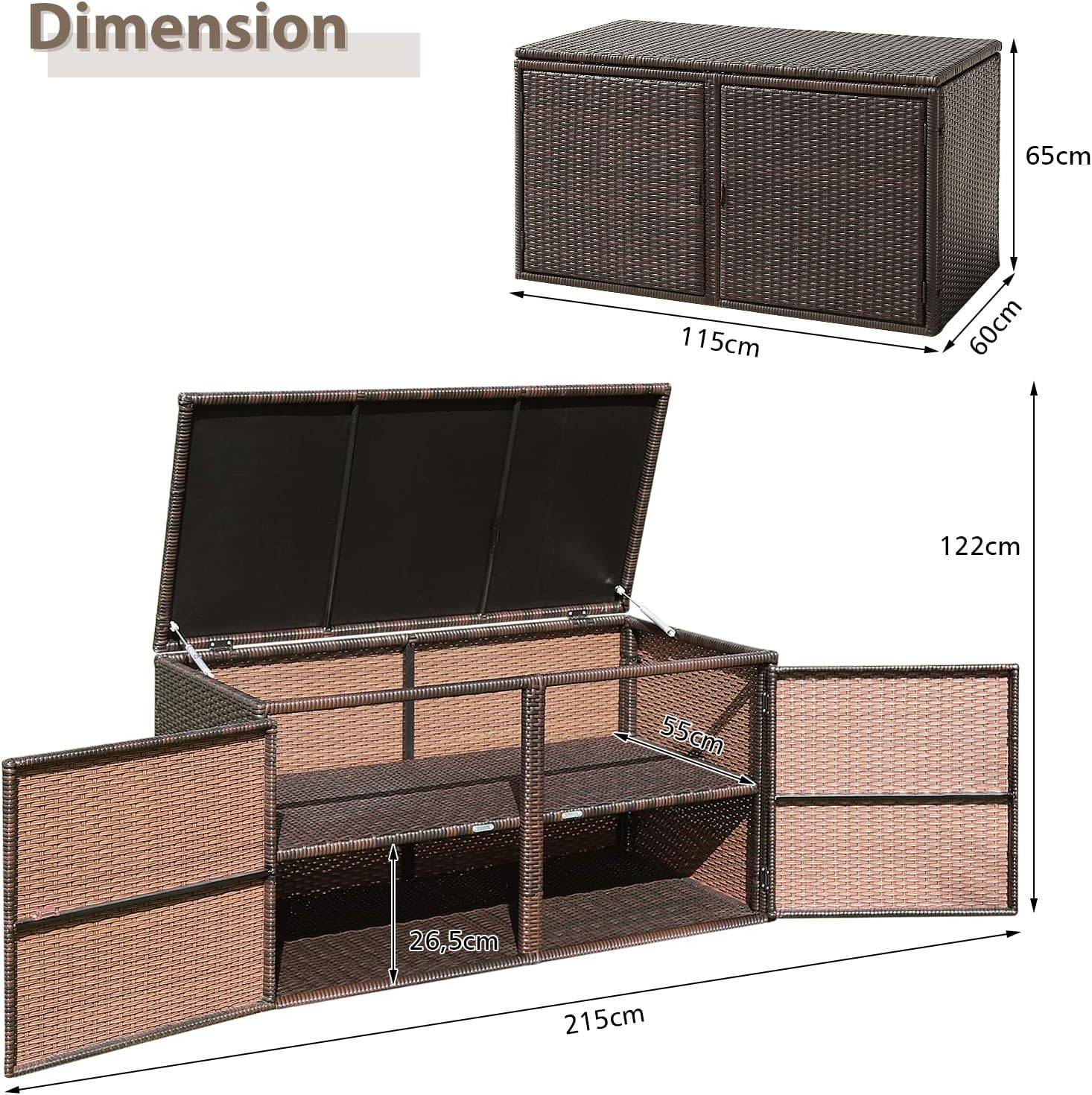 Coffre de Rangement Jardin 335L en Rotin PE, Charge 120 kg, avec 2 Etagères 115 x 60 x 65 CM Marron - Image 3