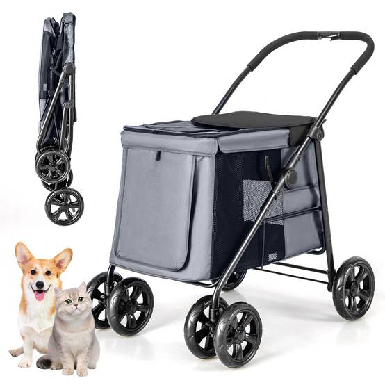 Poussette Pliante pour Chien de Petite et Moyenne Taille Chariot de Voyage Portable avec Maille Respirante Lucarne Poches de Rangement Gris - Image 3