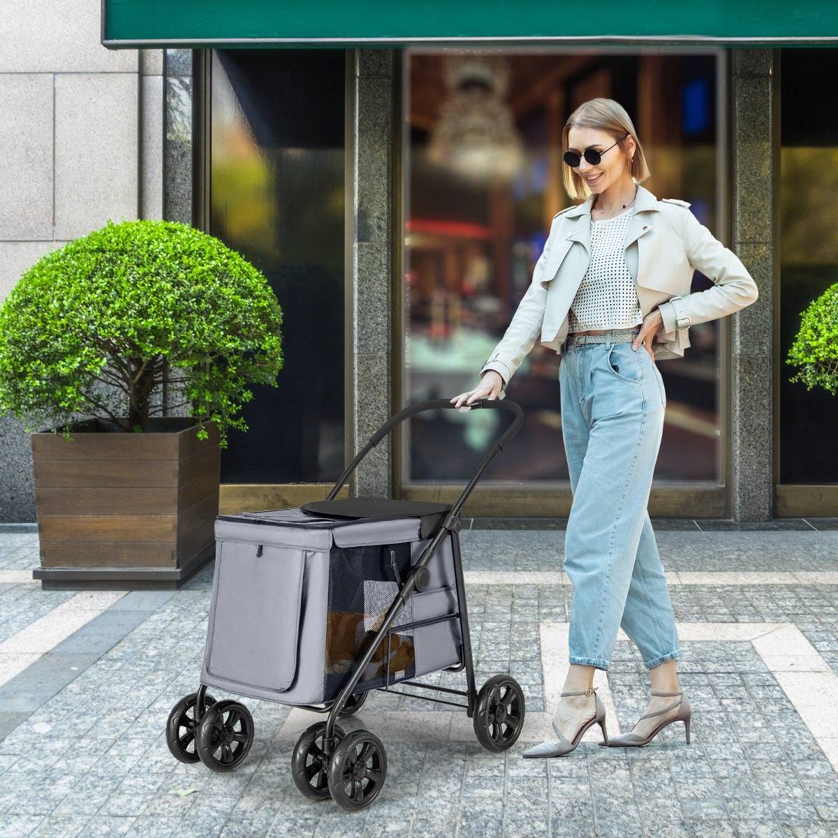 Poussette Pliante pour Chien de Petite et Moyenne Taille Chariot de Voyage Portable avec Maille Respirante Lucarne Poches de Rangement Gris - Image 2
