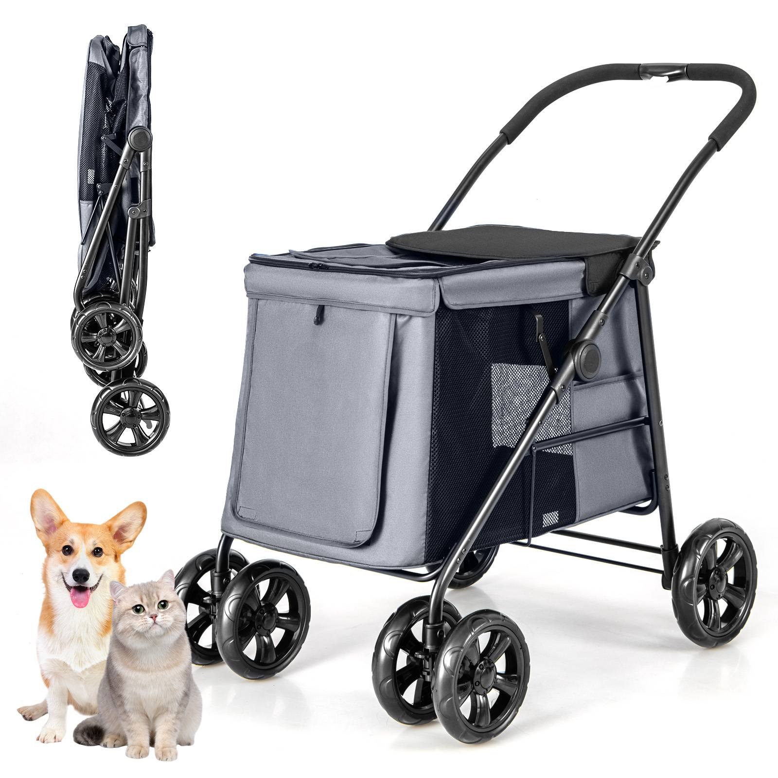 Poussette Pliante pour Chien de Petite et Moyenne Taille Chariot de Voyage Portable avec Maille Respirante Lucarne Poches de Rangement Gris - Image 1
