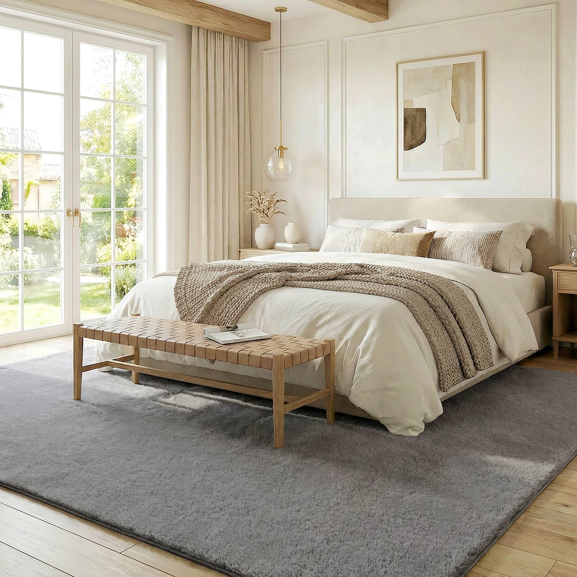 Sans Marque - Tapis salon 160x120 cm poils longs lavable machine antidérapant fausse fourrure gris clair - Image 4