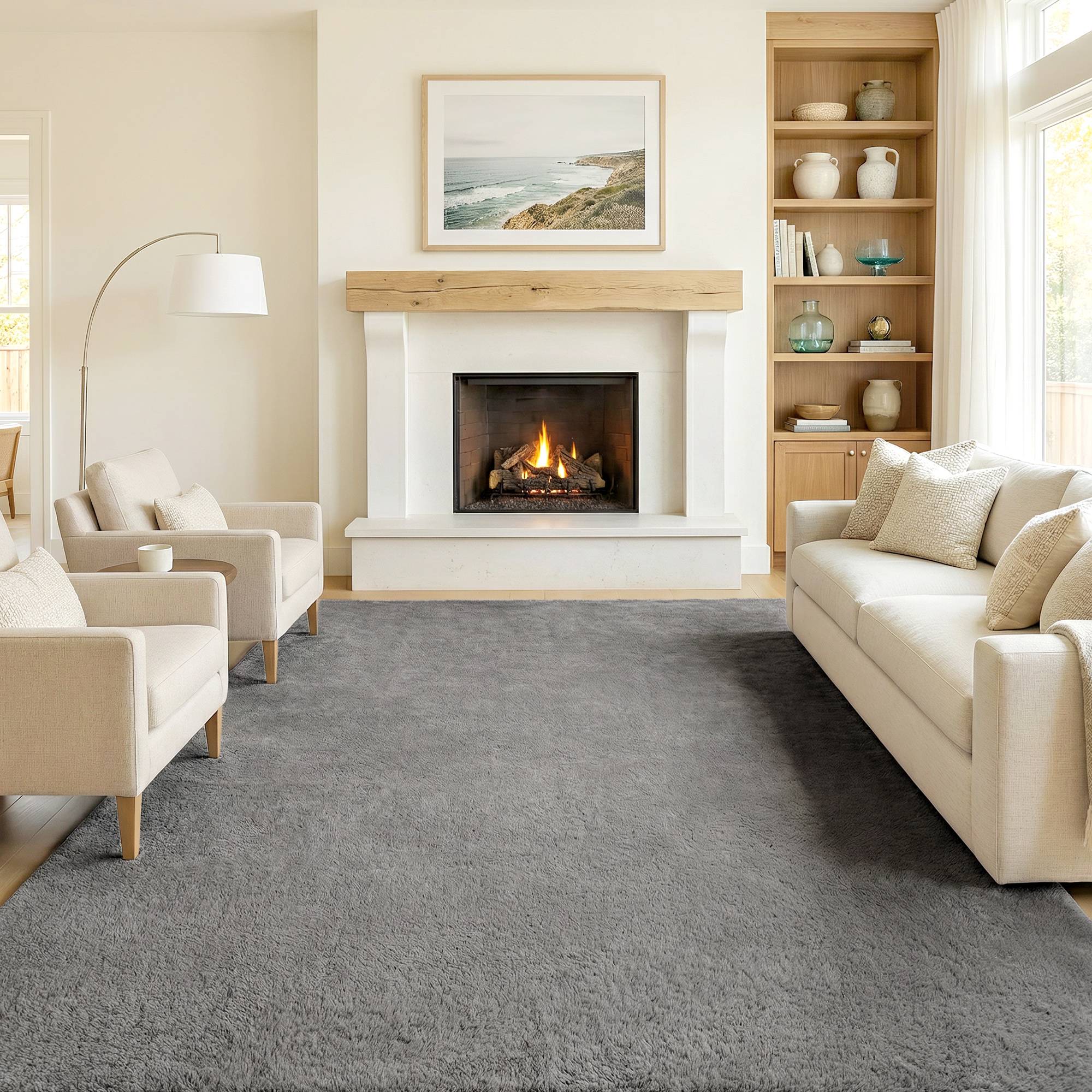 Sans Marque - Tapis salon 160x120 cm poils longs lavable machine antidérapant fausse fourrure gris clair - Image 3