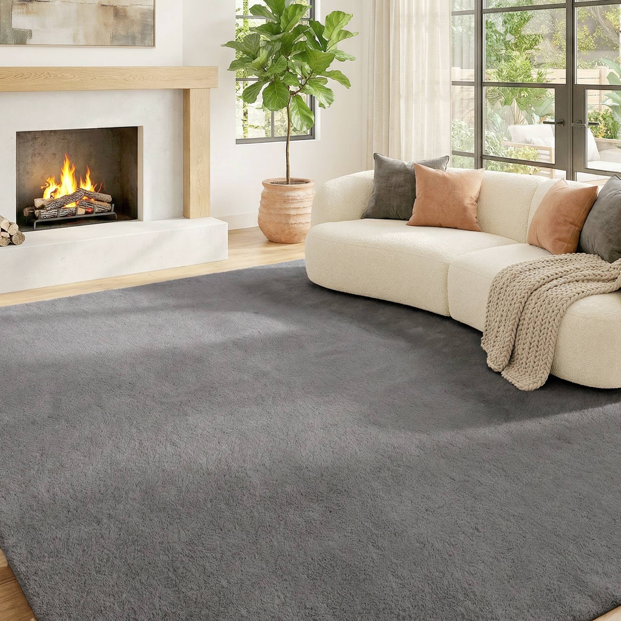 Sans Marque - Tapis salon 160x120 cm poils longs lavable machine antidérapant fausse fourrure gris clair