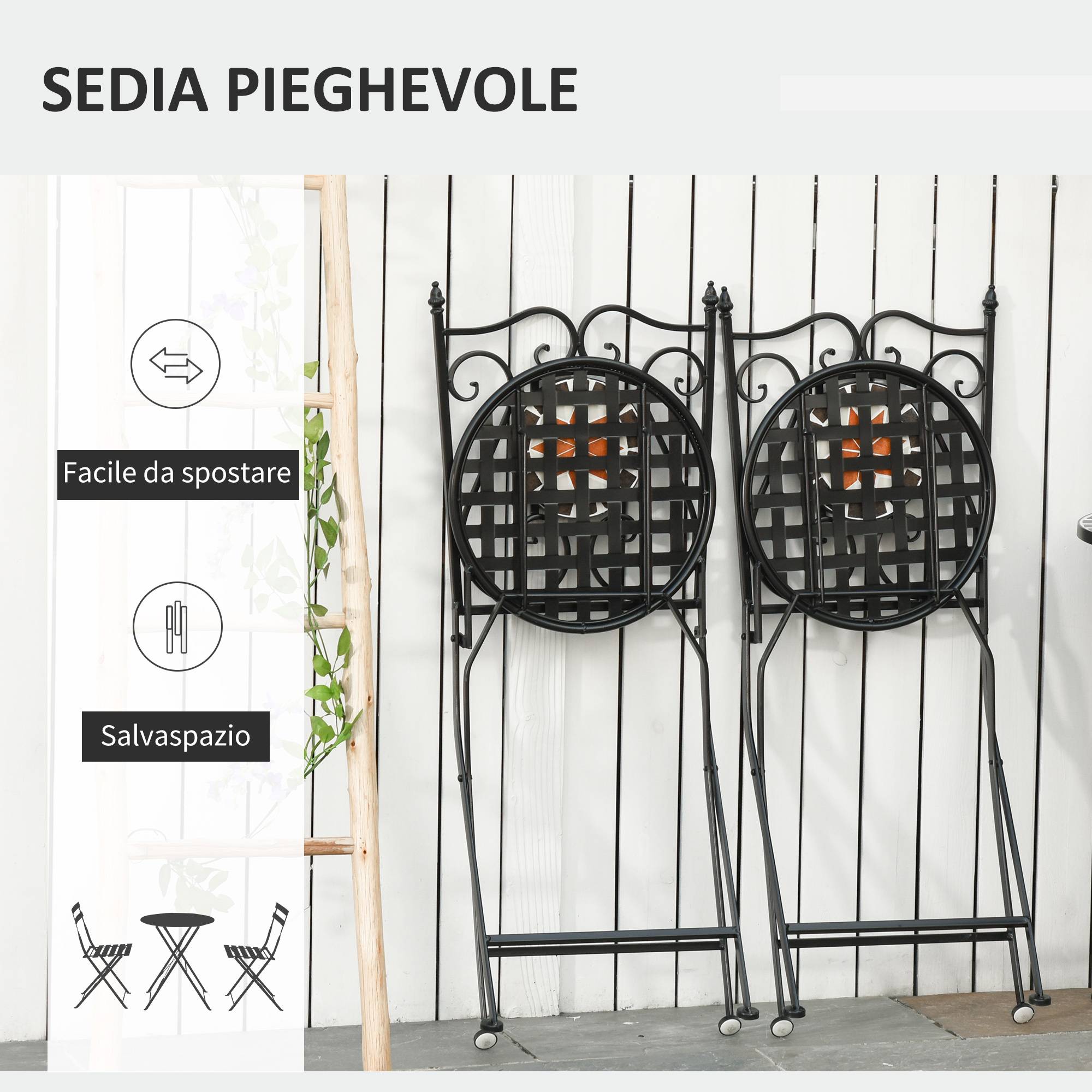 Ensemble de jardin 3 pièces avec 2 chaises pliantes et 1 petite table, métal et céramique - Image 8