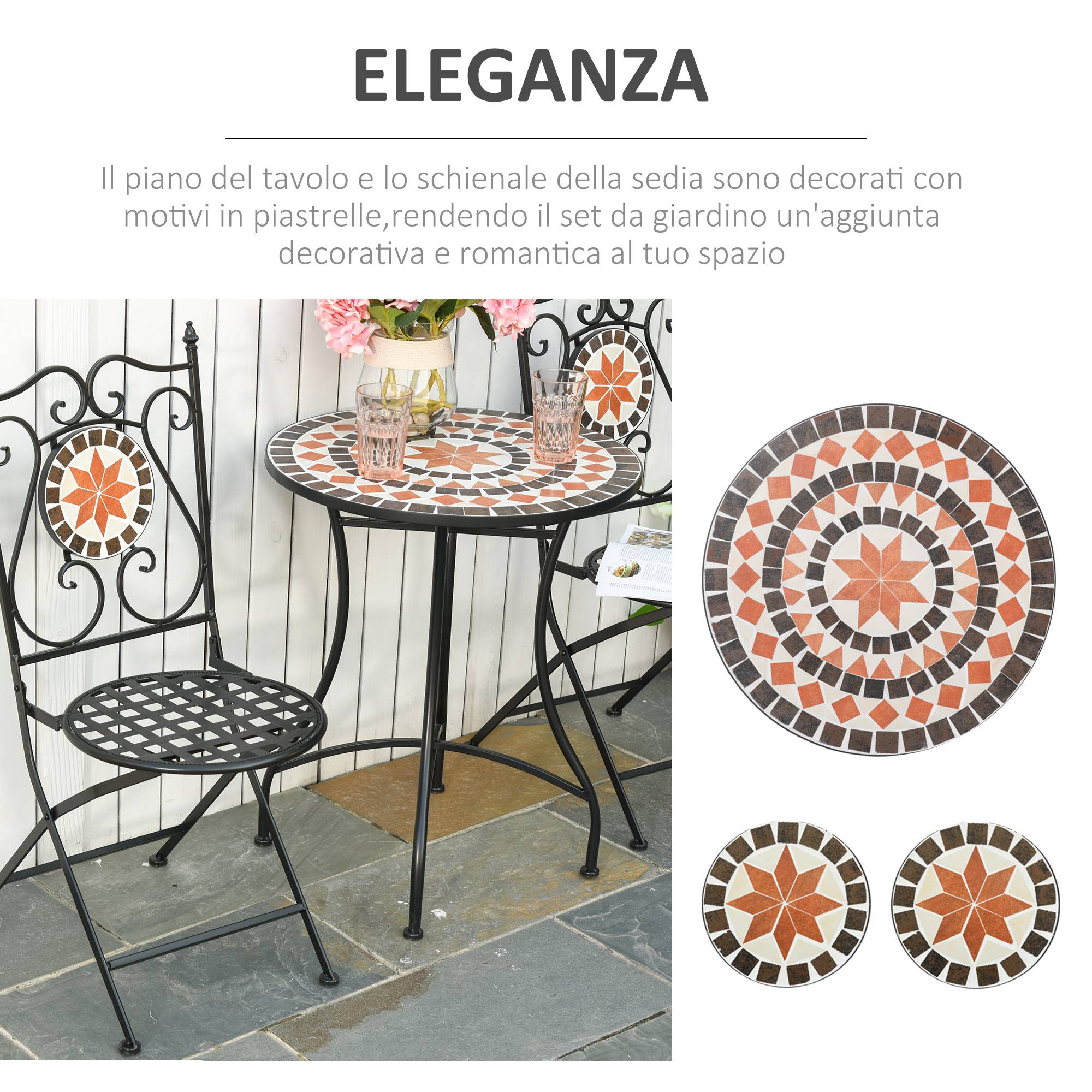 Ensemble de jardin 3 pièces avec 2 chaises pliantes et 1 petite table, métal et céramique - Image 6