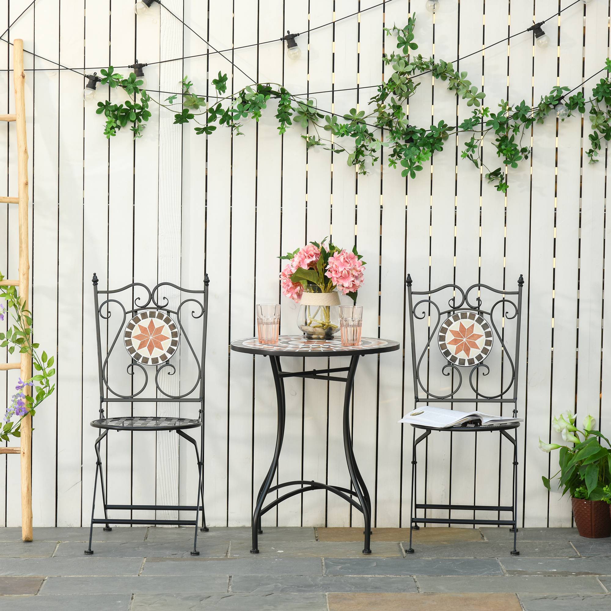 Ensemble de jardin 3 pièces avec 2 chaises pliantes et 1 petite table, métal et céramique - Image 4
