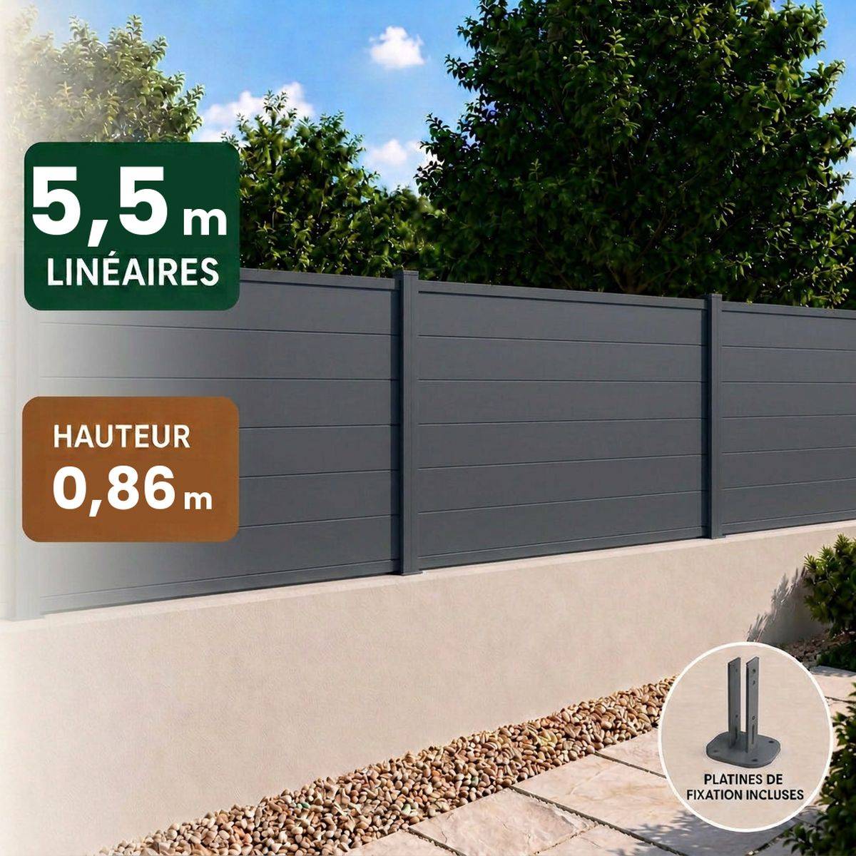 Direct Abris - Kit clôture RECIFE Aluminium anthracite 5,47m poteau 60x70mm gris sur platines 0,86m - Image 1
