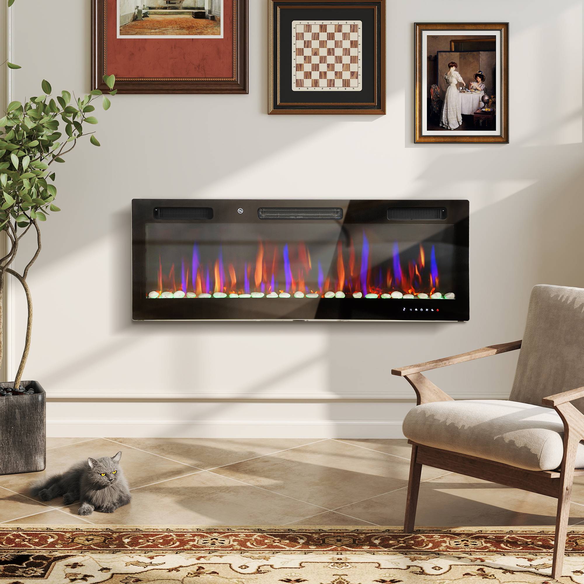 Cheminée électrique encastrable ultra-mince avec flamme 3D, luminosité et vitesse réglables, 12 couleurs de galets, 900/1800 W - Image 4